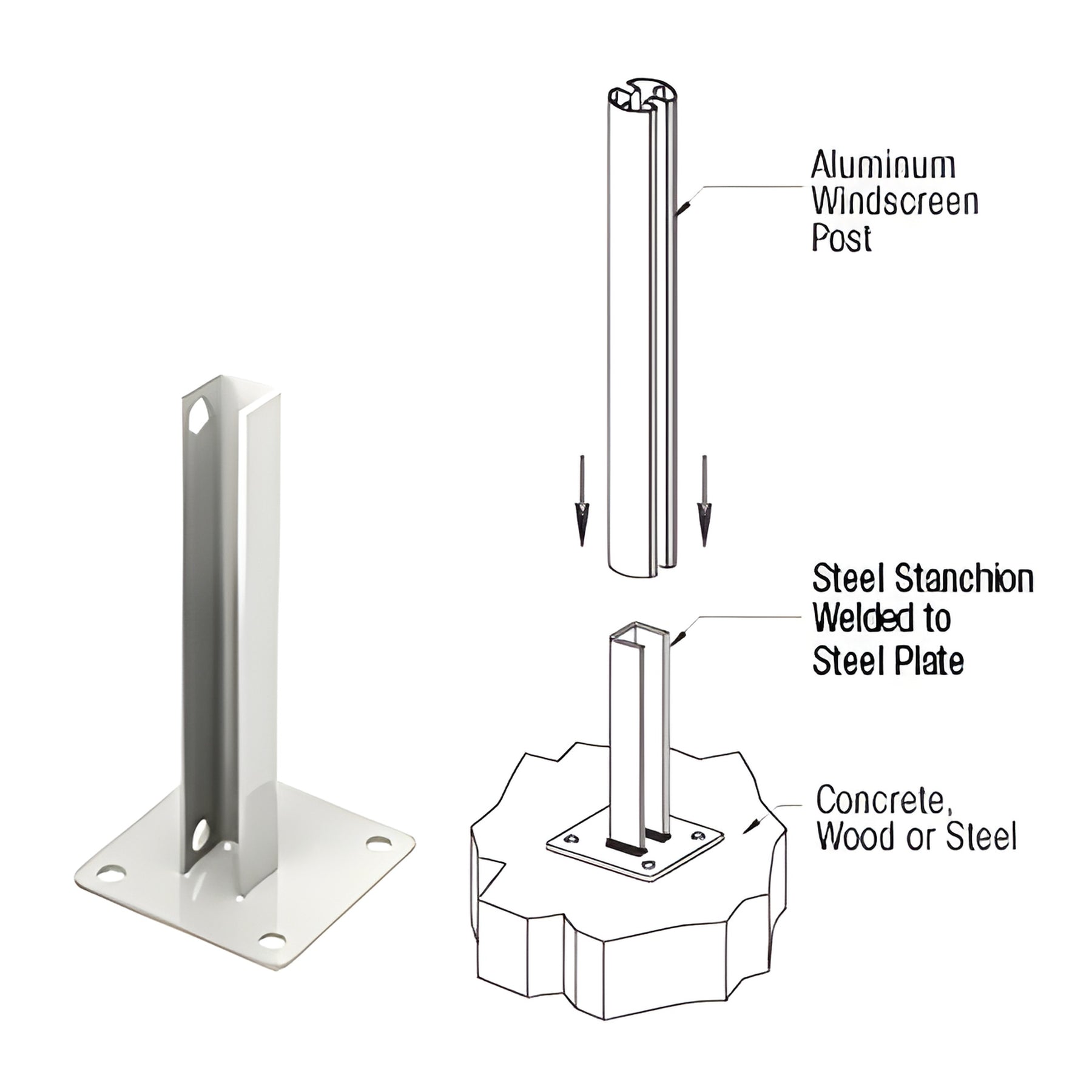 CRL Sky White AWS Steel Stanchion for 180 Degree Round or Rectangular Center or End Posts