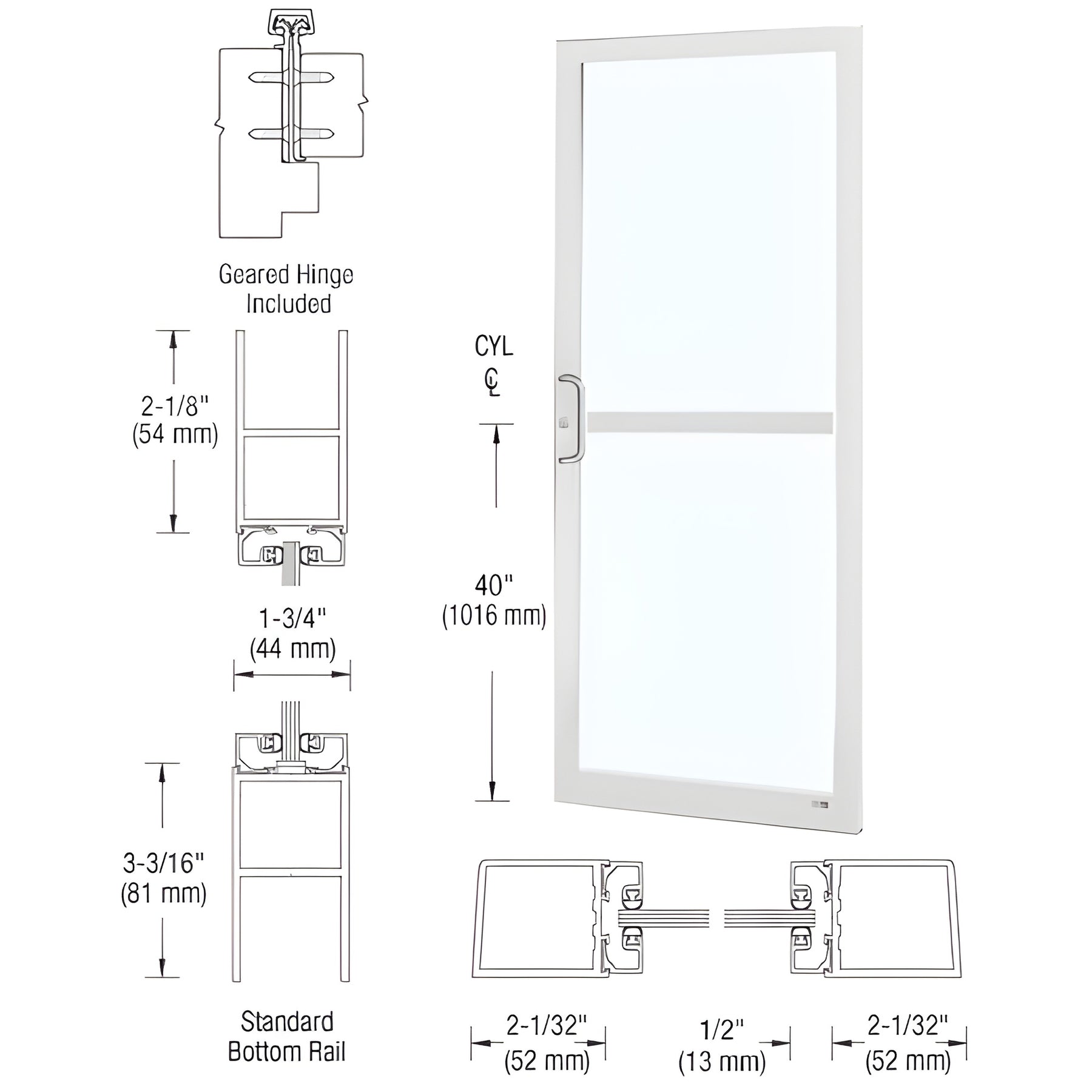 CRL-U.S. Aluminum Bone White KYNAR® Custom Single Series 250 Narrow Stile Geared Hinge Entrance Door With Panic for Surface Mount Door Closer