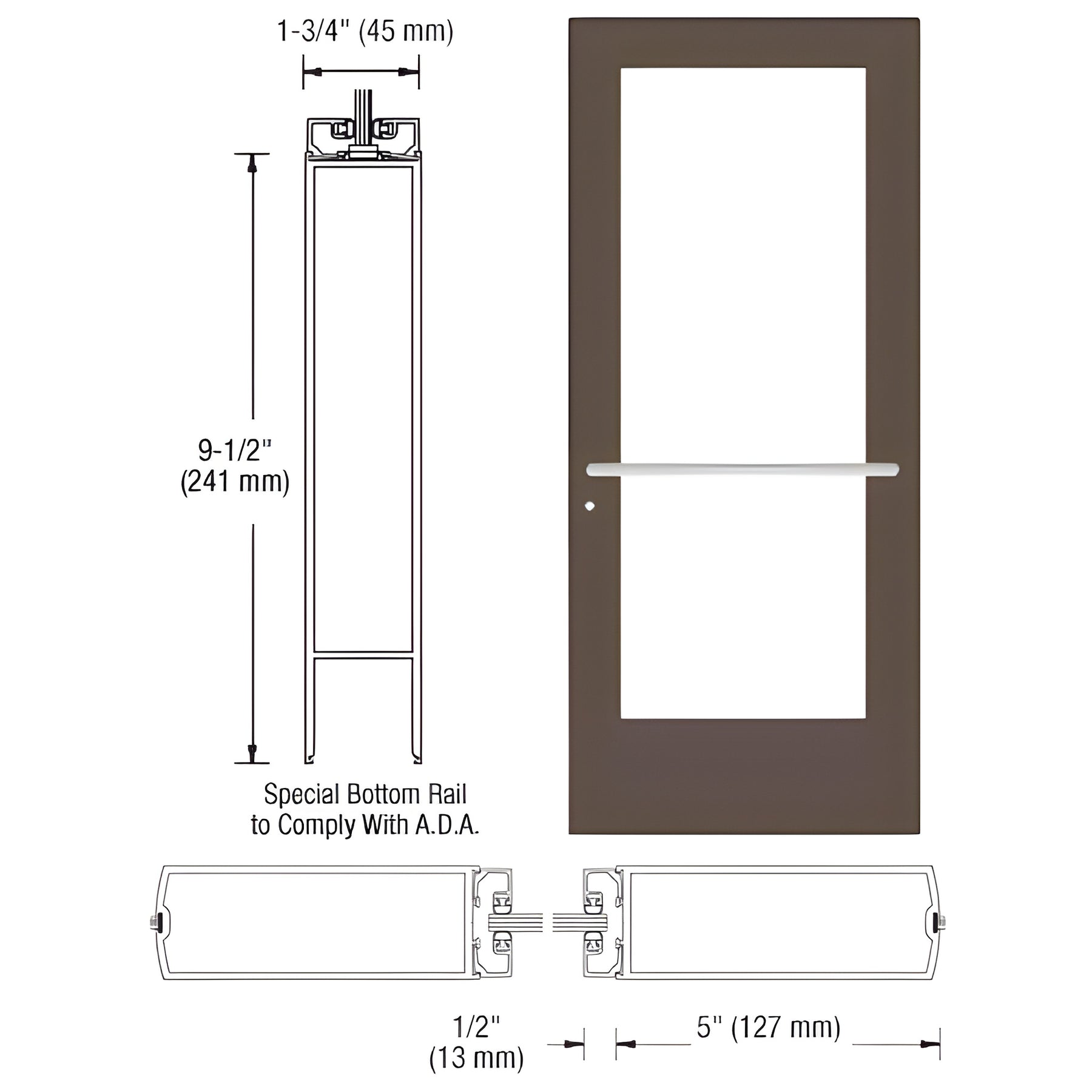CRL-U.S. Aluminum Bronze Anodized Custom Size Single Series 550 Wide Stile Center Hung Entrance Door ADA/Title 24 for Overhead Concealed Door Closer
