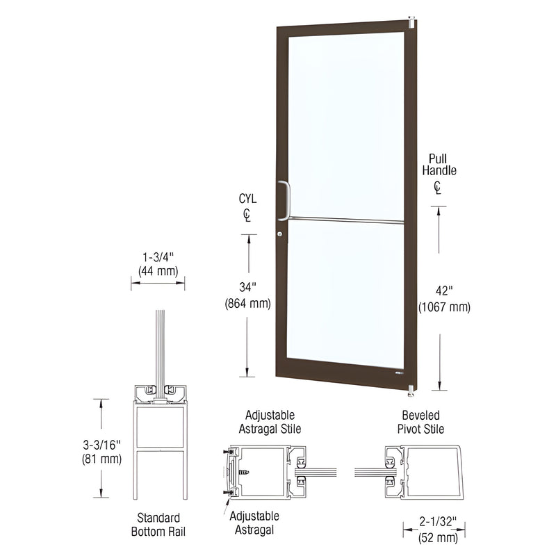 CRL-U.S. Aluminum Bronze Black Anodized 250 Series Narrow Stile Active Leaf of Pair 3'0 x 7'0 Offset Hung with Pivots for Surf Mount Closer