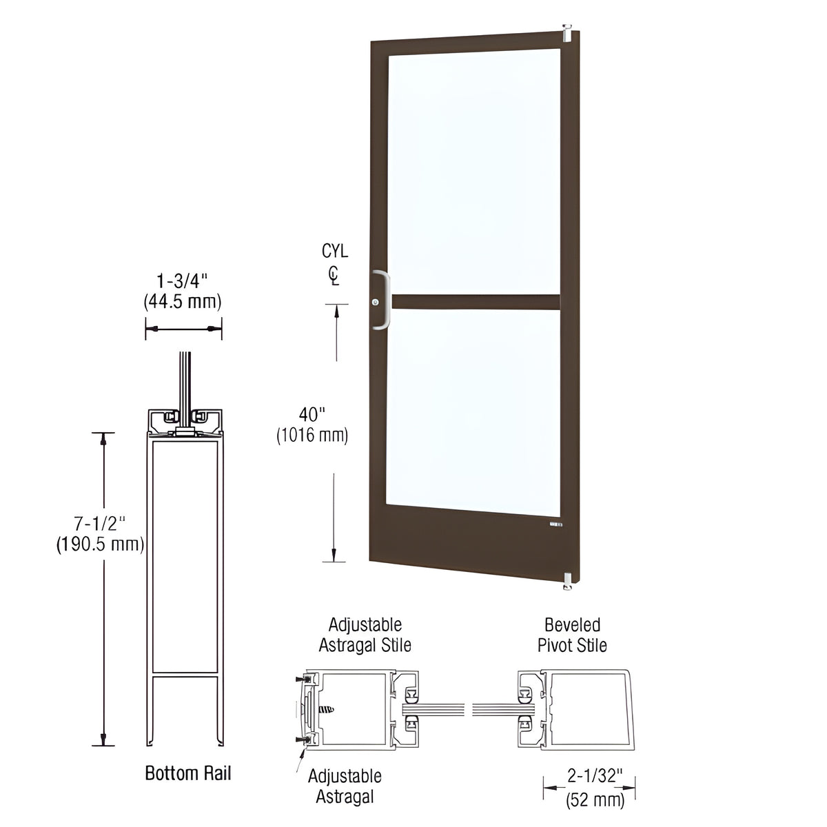 CRL-U.S. Aluminum Bronze Black Anodized 250 Series Narrow Stile Active Leaf of Pair 3'0 x 7'0 Offset Hung with Pivots for Surf Mount Closer Complete Panic Door for 1" Glass with Standard Panic and 7-1/2" Bottom Rail