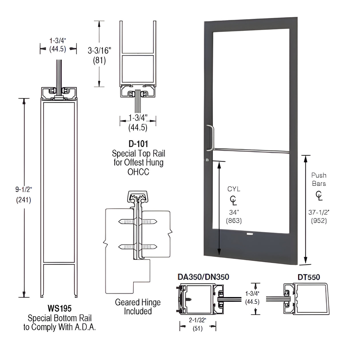 CRL-U.S. Aluminum Bronze Black Anodized 250 Series Narrow Stile Active Leaf of Pair Offset Hung with Geared Hinged for OHCC 105º Closer Complete ADA Door(s) with Lock Indicator, Cyl Guard