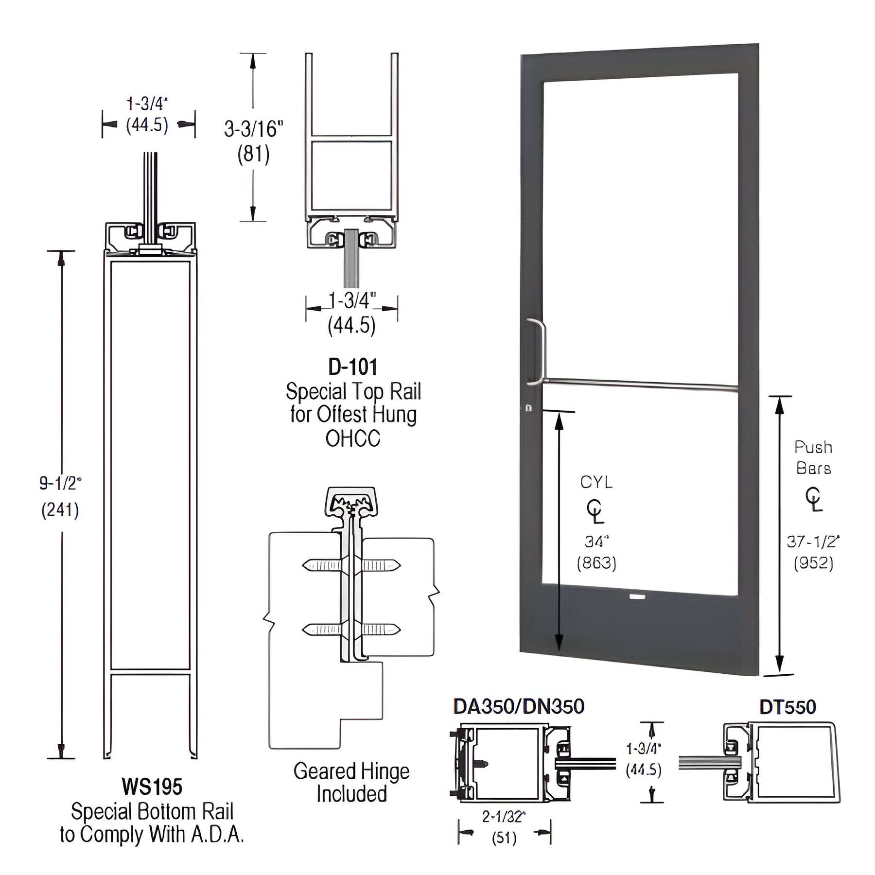 CRL-U.S. Aluminum Bronze Black Anodized 250 Series Narrow Stile Active Leaf of Pair Offset Hung with Geared Hinged for OHCC 105º Closer Complete ADA Door(s) with Lock Indicator, Cyl Guard