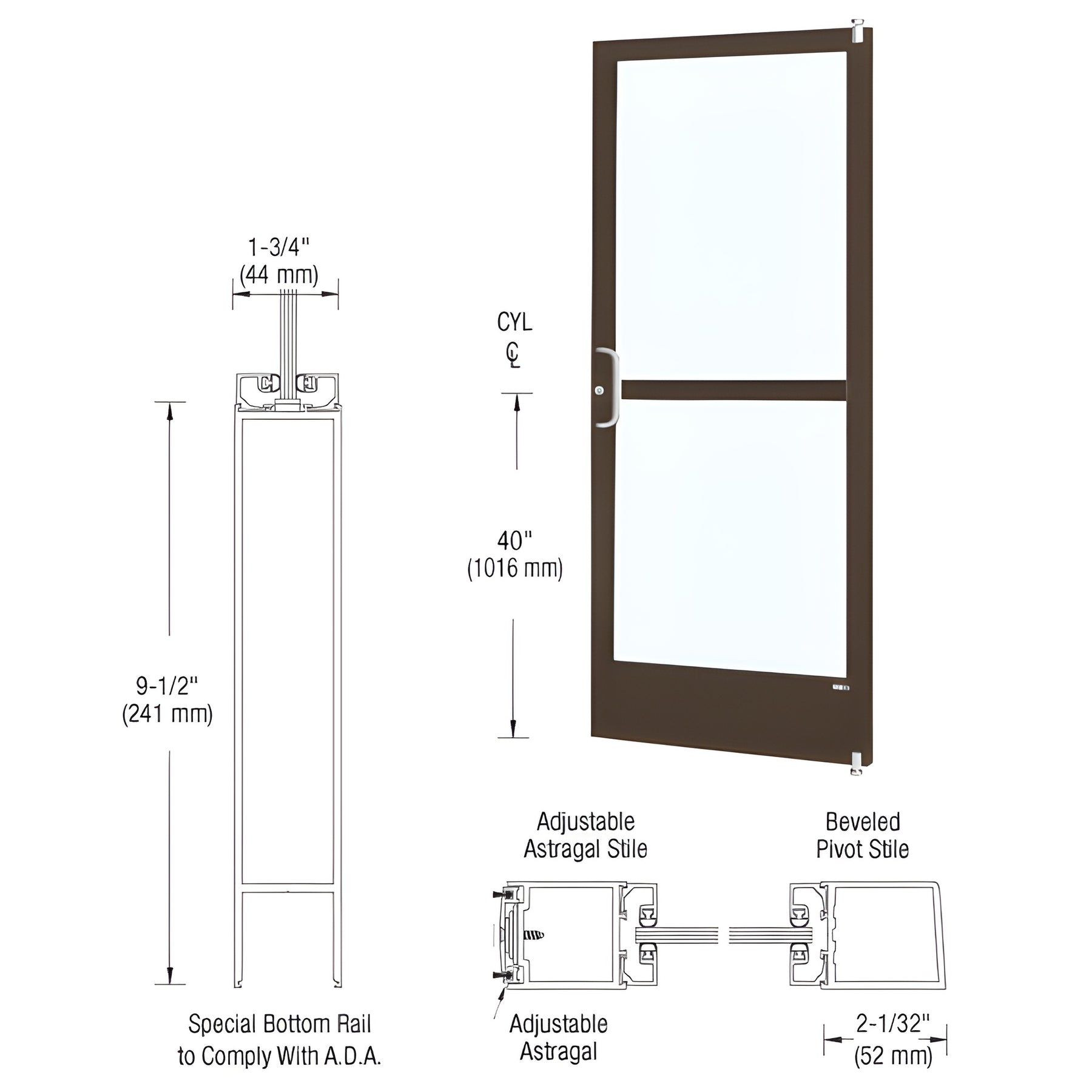 CRL-U.S. Aluminum Bronze Black Anodized 250 Series Narrow Stile Active Leaf of Pair 3'0 x 7'0 Offset Hung with Pivots for Surface Mount Closer Complete Panic Door with Standard Panic and 9-1/2" Bottom Rail