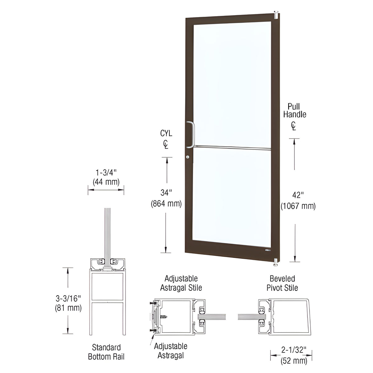 CRL-U.S. Aluminum Bronze Black Anodized 250 Series Narrow Stile Active Leaf of Pair 3'0 x 7'0 Offset Hung with Pivots for Surf Mount Closer Complete Door Std. MS Lock & Bottom Rail