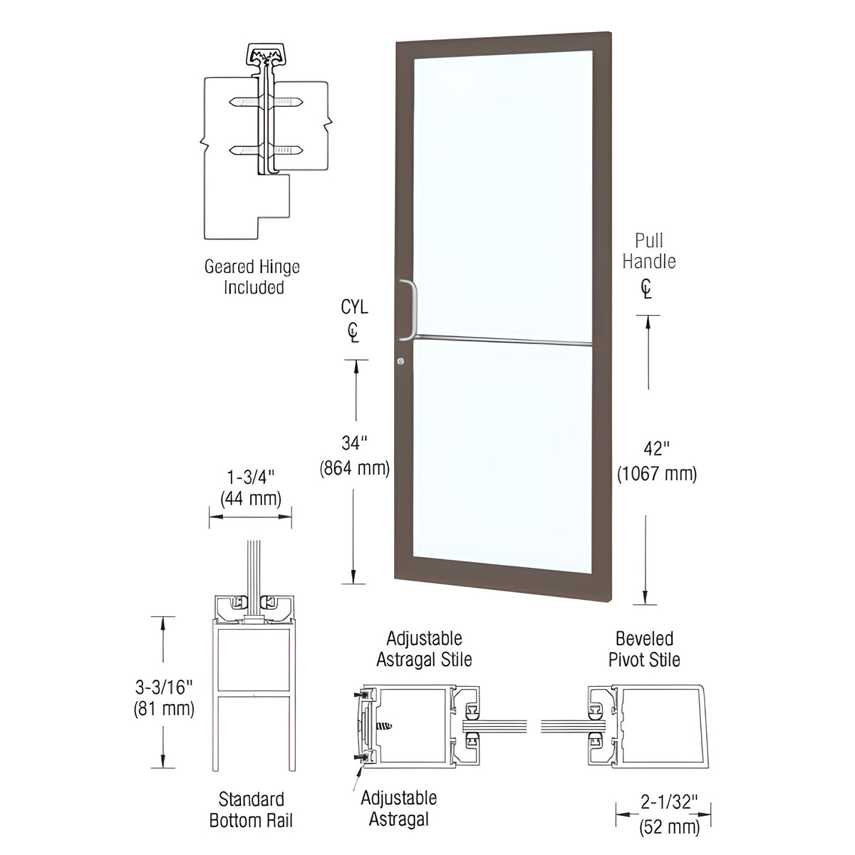 CRL-U.S. Aluminum Bronze Black Anodized 250 Series Narrow Stile Active Leaf of Pair 3'0 x 7'0 Offset Hung with Geared Hinged Complete Door Std. MS Lock & Bottom Rail