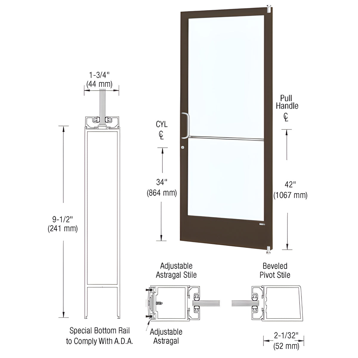 CRL-U.S. Aluminum Bronze Black Anodized 250 Series Narrow Stile Active Leaf of Pair 3'0 x 7'0 Offset Hung with Pivots for Surf Mount Closer Complete Door Std. Lock and 9-1/2" Bottom Rail