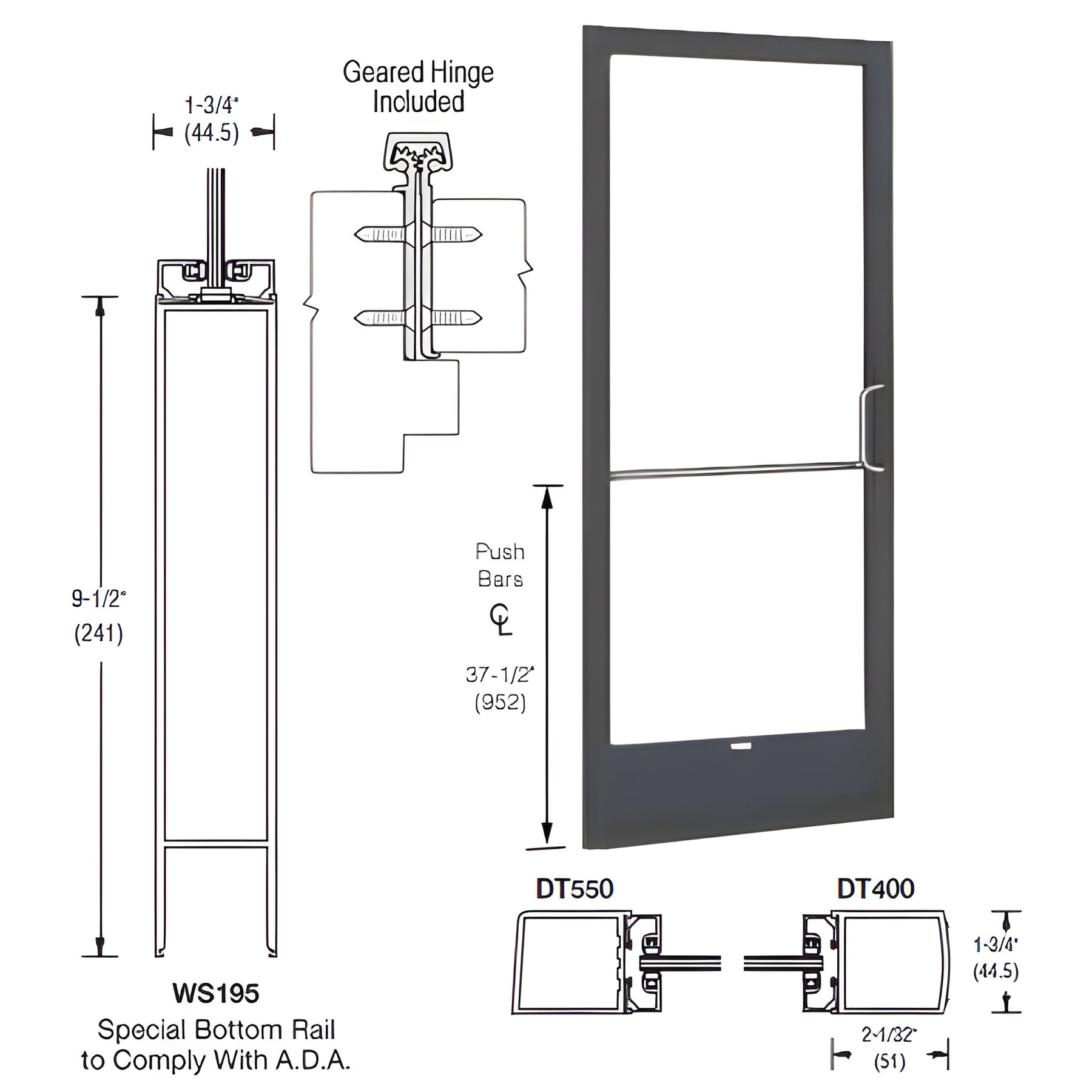 CRL-U.S. Aluminum Bronze Black Anodized 250 Series Narrow Stile Inactive Leaf of Pair 3'0 x 7'0 Offset Hung with Geared Hinged Complete ADA Door with Lock Indicator, Cylinder Guard - for 1" Glazing