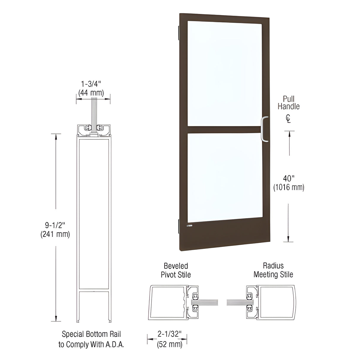 CRL-U.S. Aluminum Bronze Black Anodized 250 Series Narrow Stile Inactive Leaf of Pair 3'0 x 7'0 Offset Hung with Butt Hinges for Surface Mount Closer Complete Panic Door for 1" Glass with Standard Panic and 9-1/2" Bottom Rail