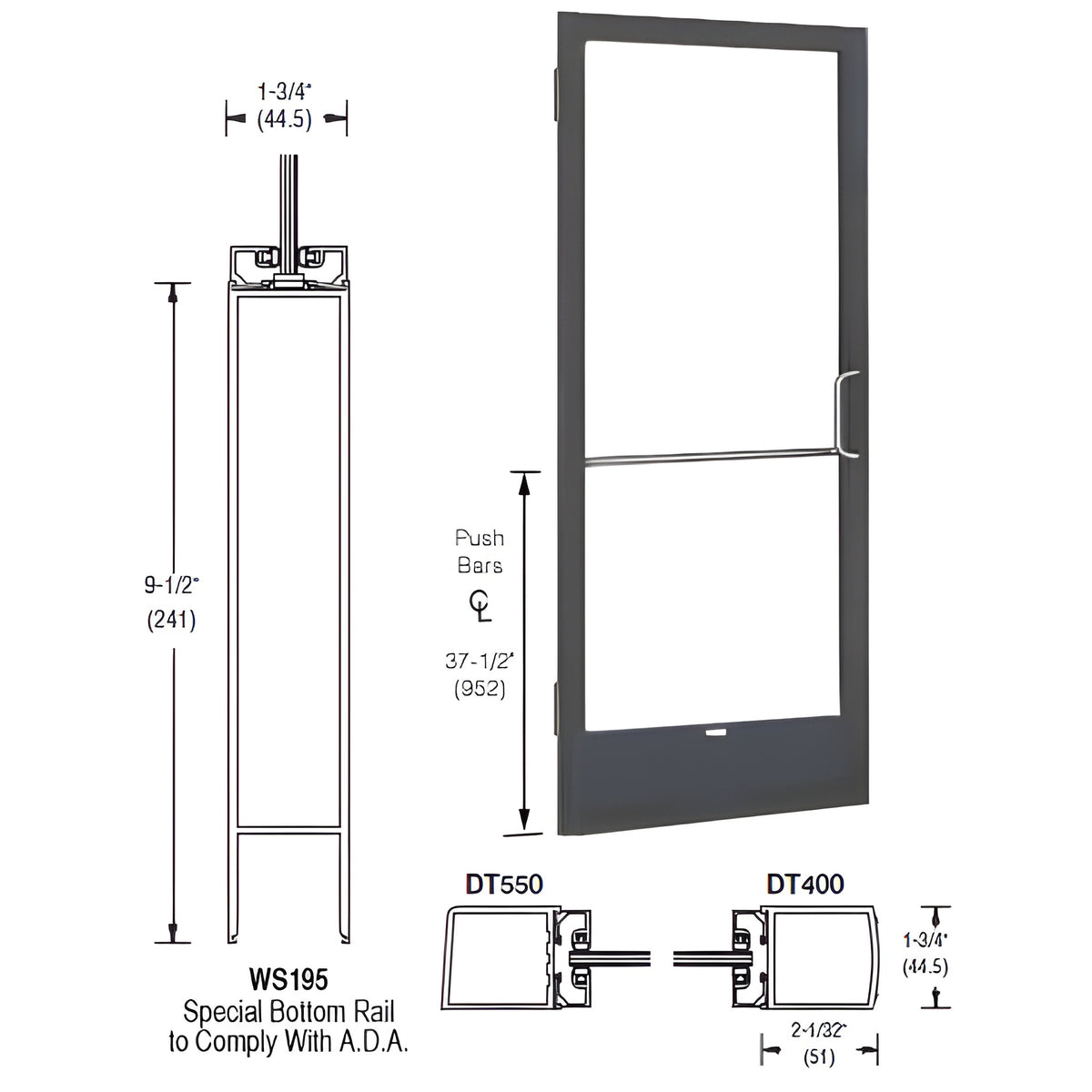 CRL-U.S. Aluminum Bronze Black Anodized 250 Series Narrow Stile Inactive Leaf of Pair 3'0 x 7'0 Offset Hung with Butt Hinges for Surf Mount Closer Complete Door Std. Lock and 9-1/2" Bottom Rail for 1" Glass with Standard MS Lock and Bottom Rail
