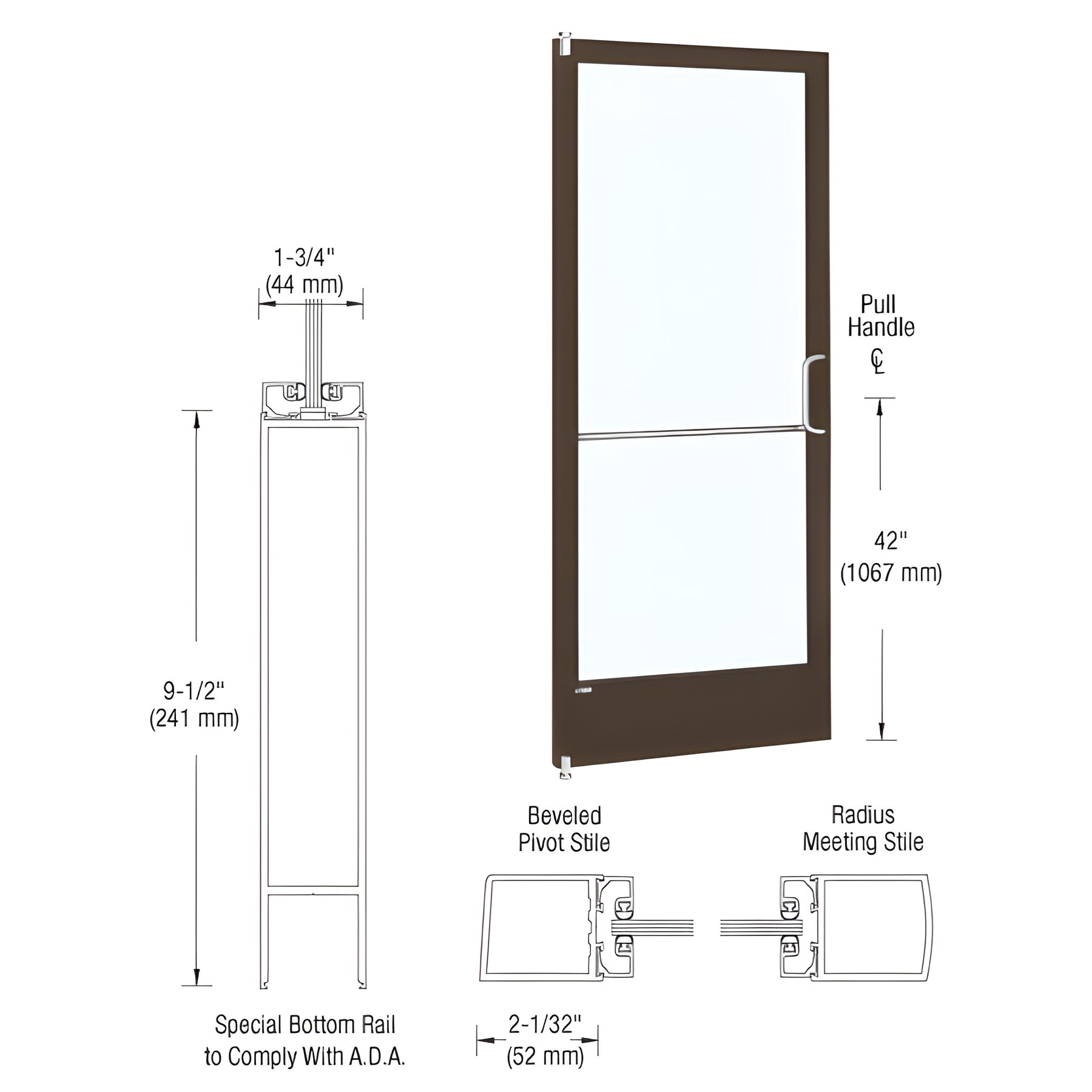 CRL-U.S. Aluminum Bronze Black Anodized 250 Series Narrow Stile Inactive Leaf of Pair 3'0 x 7'0 Offset Hung with Pivots for Surface Mount Closer Complete ADA Door with Lock Indicator, Cylinder Guard - for 1/4" Glazing