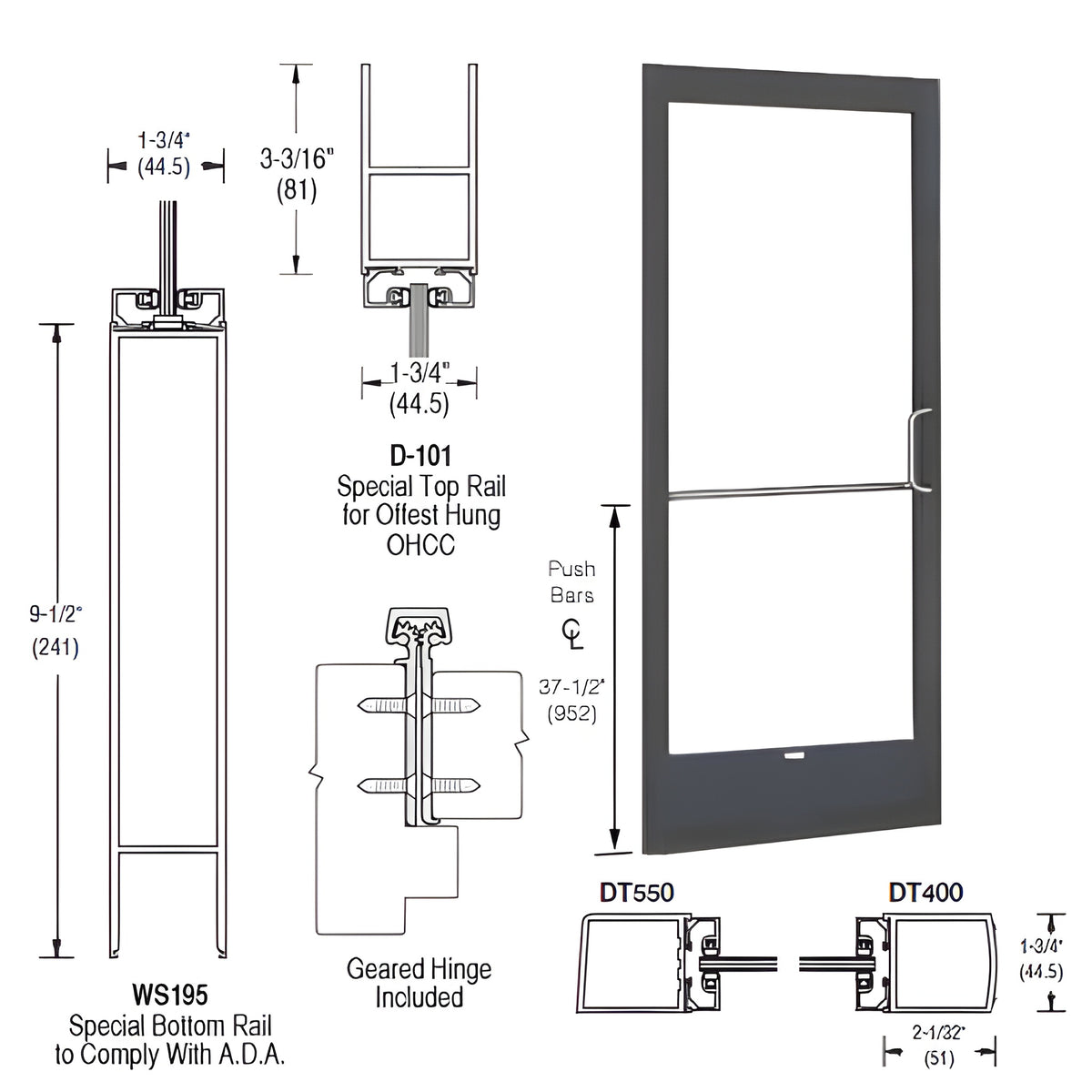 CRL-U.S. Aluminum Bronze Black Anodized 250 Series Narrow Stile Inactive Leaf of Pair Offset Hung with Geared Hinged for OHCC 105º Closer Complete ADA Door(s) with Lock Indicator, Cyl Guard