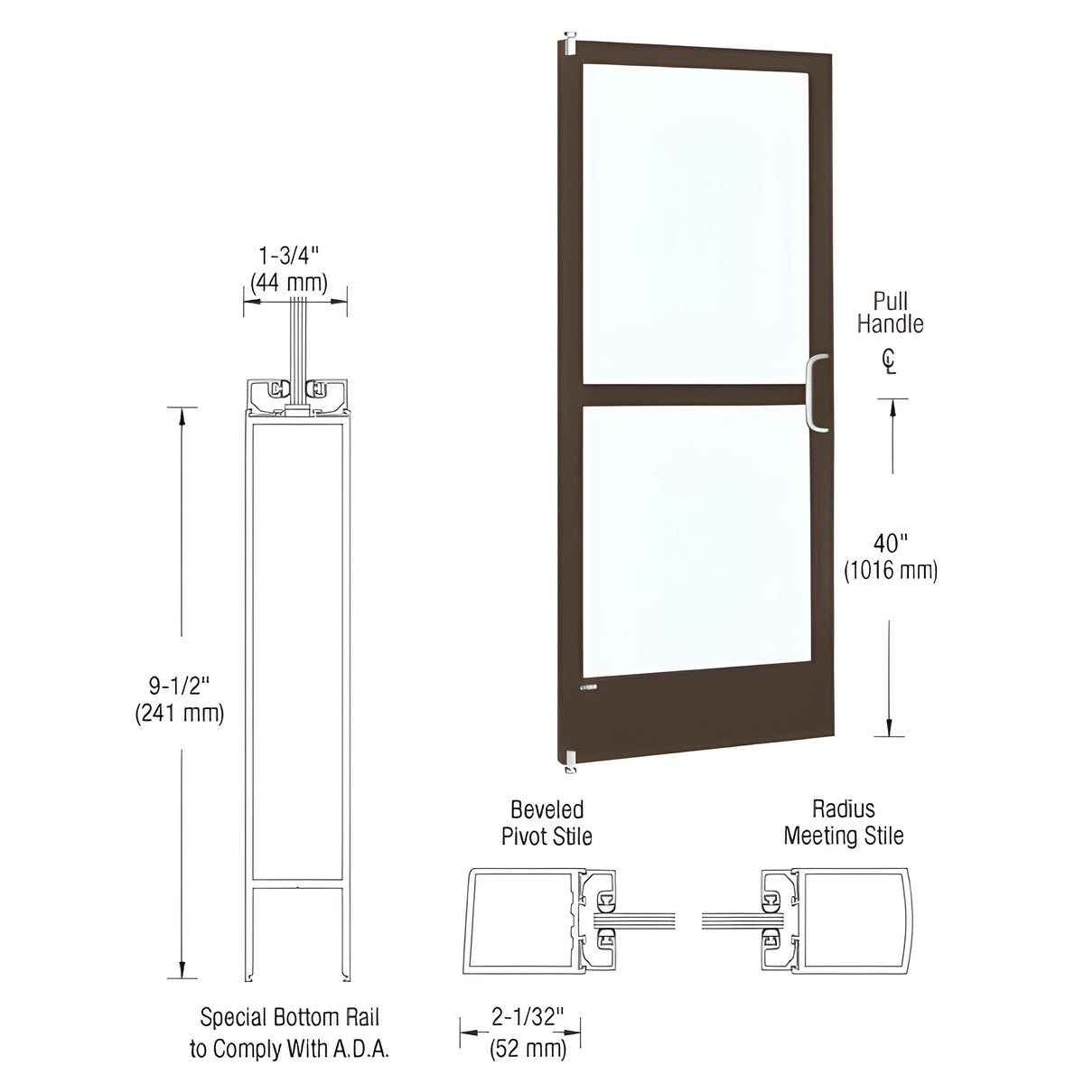 CRL-U.S. Aluminum Bronze Black Anodized 250 Series Narrow Stile Inactive Leaf of Pair 3'0 x 7'0 Offset Hung with Pivots for Surface Mount Closer Complete Panic Door with Standard Panic and 9-1/2" Bottom Rail