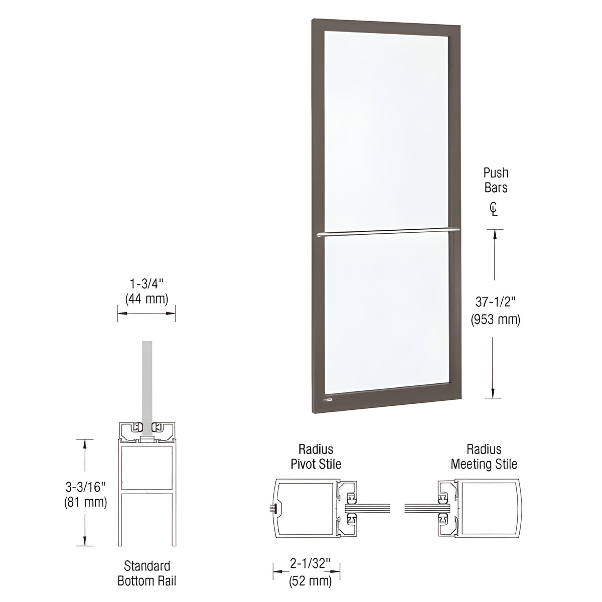 CRL-U.S. Aluminum Bronze Black Anodized 250 Series Narrow Stile Inactive Leaf of Pair 3'0 x 7'0 Center Hung for OHCC w/Standard Push Bars Complete Door Std. MS Lock & Bottom Rail