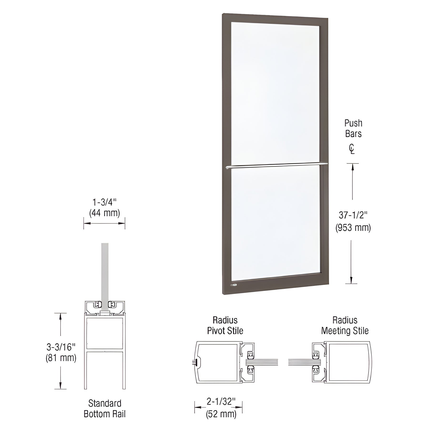 CRL-U.S. Aluminum Bronze Black Anodized 250 Series Narrow Stile Inactive Leaf of Pair 3'0 x 7'0 Center Hung for OHCC w/Standard Push Bars Complete Door Std. MS Lock & Bottom Rail