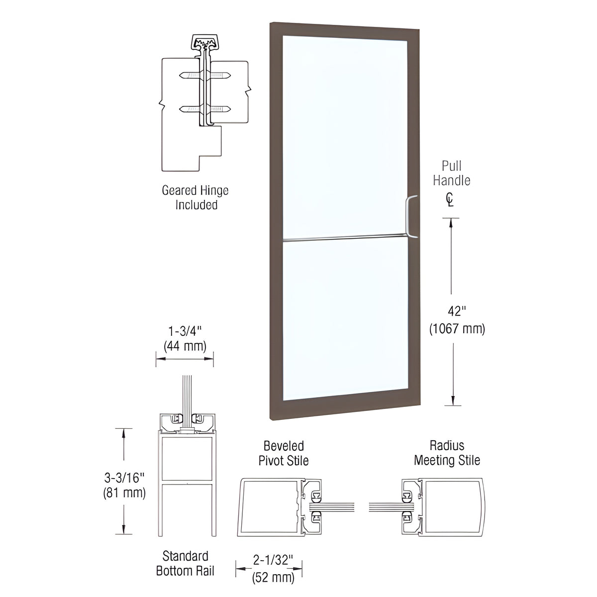CRL-U.S. Aluminum Bronze Black Anodized 250 Series Narrow Stile Inactive Leaf of Pair 3'0 x 7'0 Offset Hung with Geared Hinged Complete Door Std. MS Lock & Bottom Rail