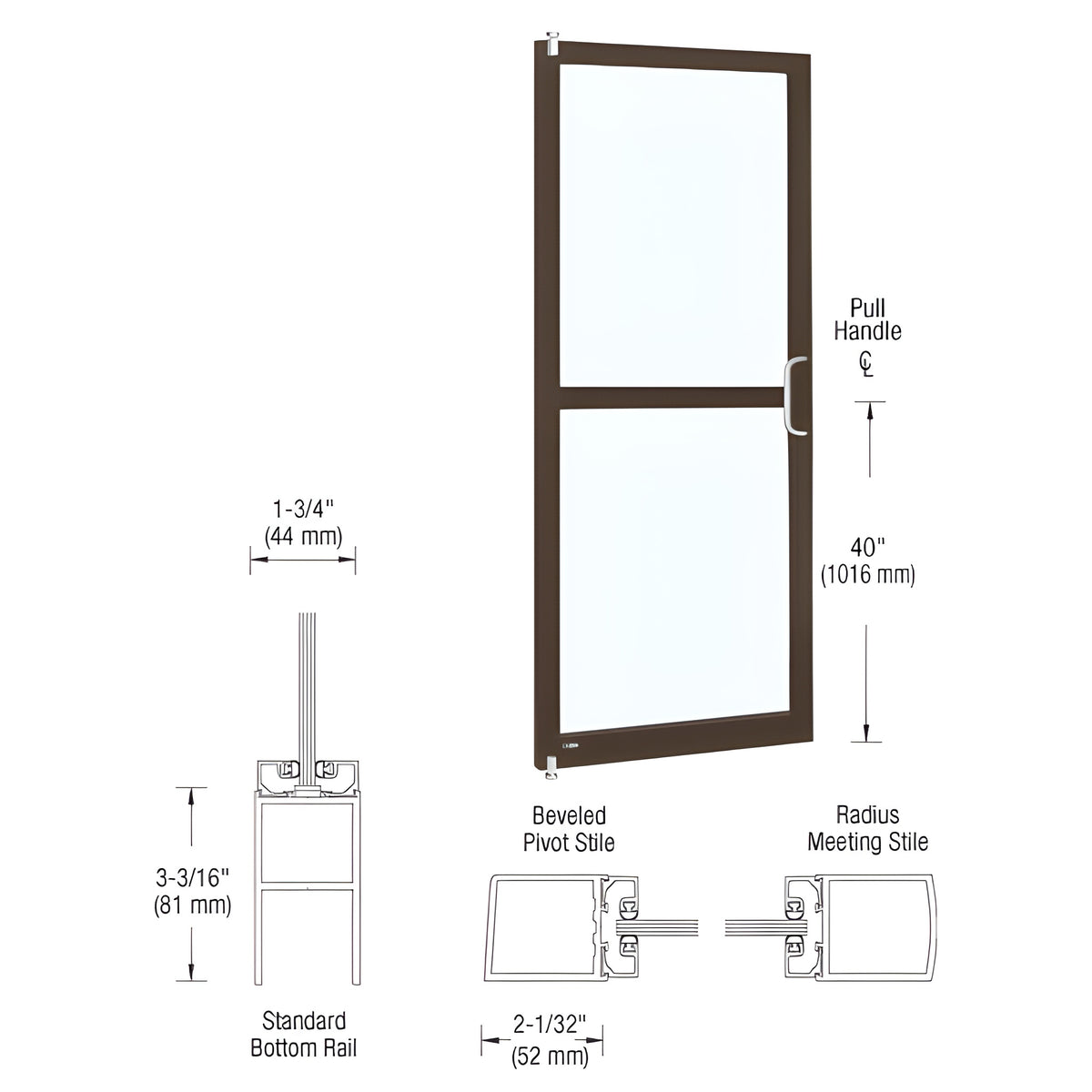 CRL-U.S. Aluminum Bronze Black Anodized 250 Series Narrow Stile Inactive Leaf of Pair 3'0 x 7'0 Offset Hung with Pivots for Surf Mount Closer Complete Panic Door with Std. Panic and Bottom Rail