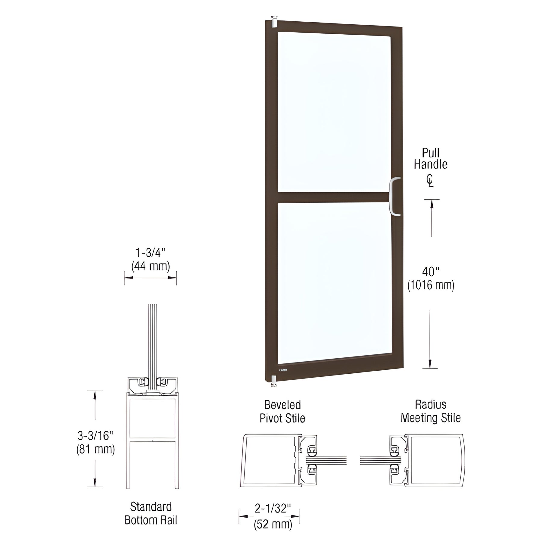 CRL-U.S. Aluminum Bronze Black Anodized 250 Series Narrow Stile Inactive Leaf of Pair 3'0 x 7'0 Offset Hung with Pivots for Surf Mount Closer Complete Panic Door with Std. Panic and Bottom Rail