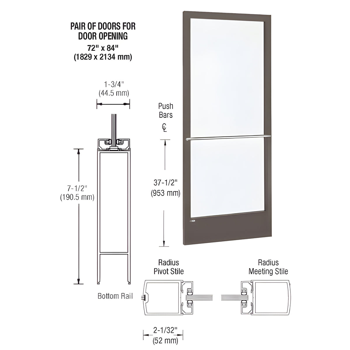 CRL-U.S. Aluminum Bronze Black Anodized 250 Series Narrow Stile Inactive Leaf of Pair 3'0 x 7'0 Center Hung for OHCC w/Standard Push Bars Complete Door/Std. MS Lock, 7-1/2" Std. Bottom Rail
