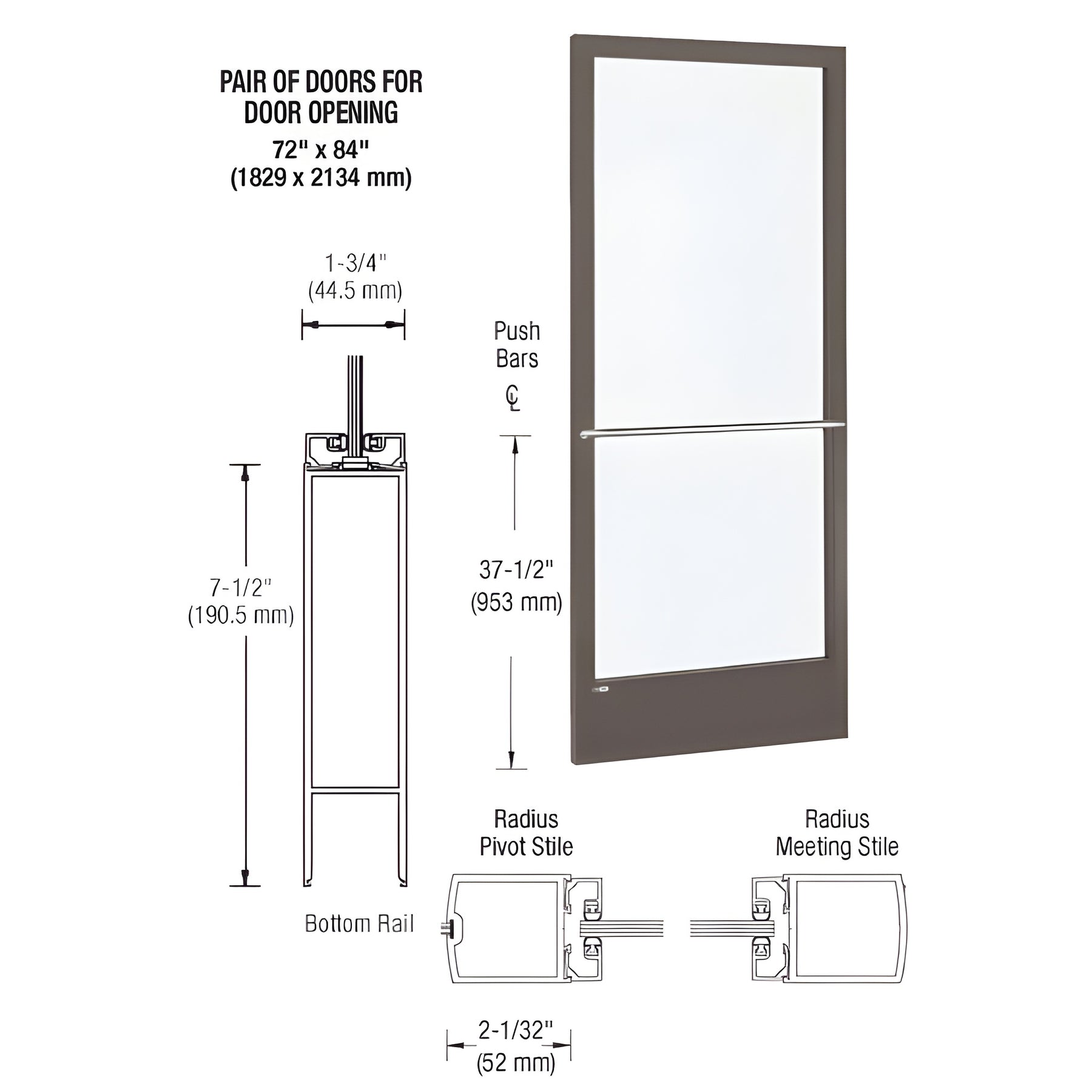 CRL-U.S. Aluminum Bronze Black Anodized 250 Series Narrow Stile Inactive Leaf of Pair 3'0 x 7'0 Center Hung for OHCC w/Standard Push Bars Complete Door/Std. MS Lock, 7-1/2" Std. Bottom Rail