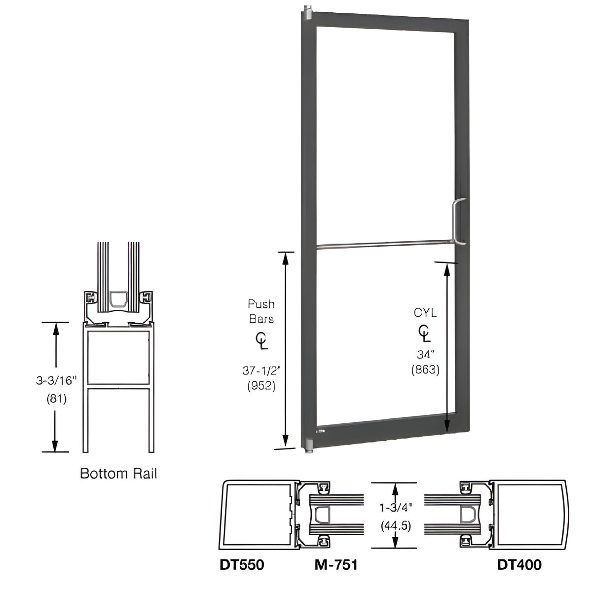 CRL-U.S. Aluminum Bronze Black Anodized 250 Series Narrow Stile Inactive Leaf of Pair 3'0 x 7'0 Offset Hung with Pivots for Surf Mount Closer Complete Door Std. MS Lock and Bottom Rail