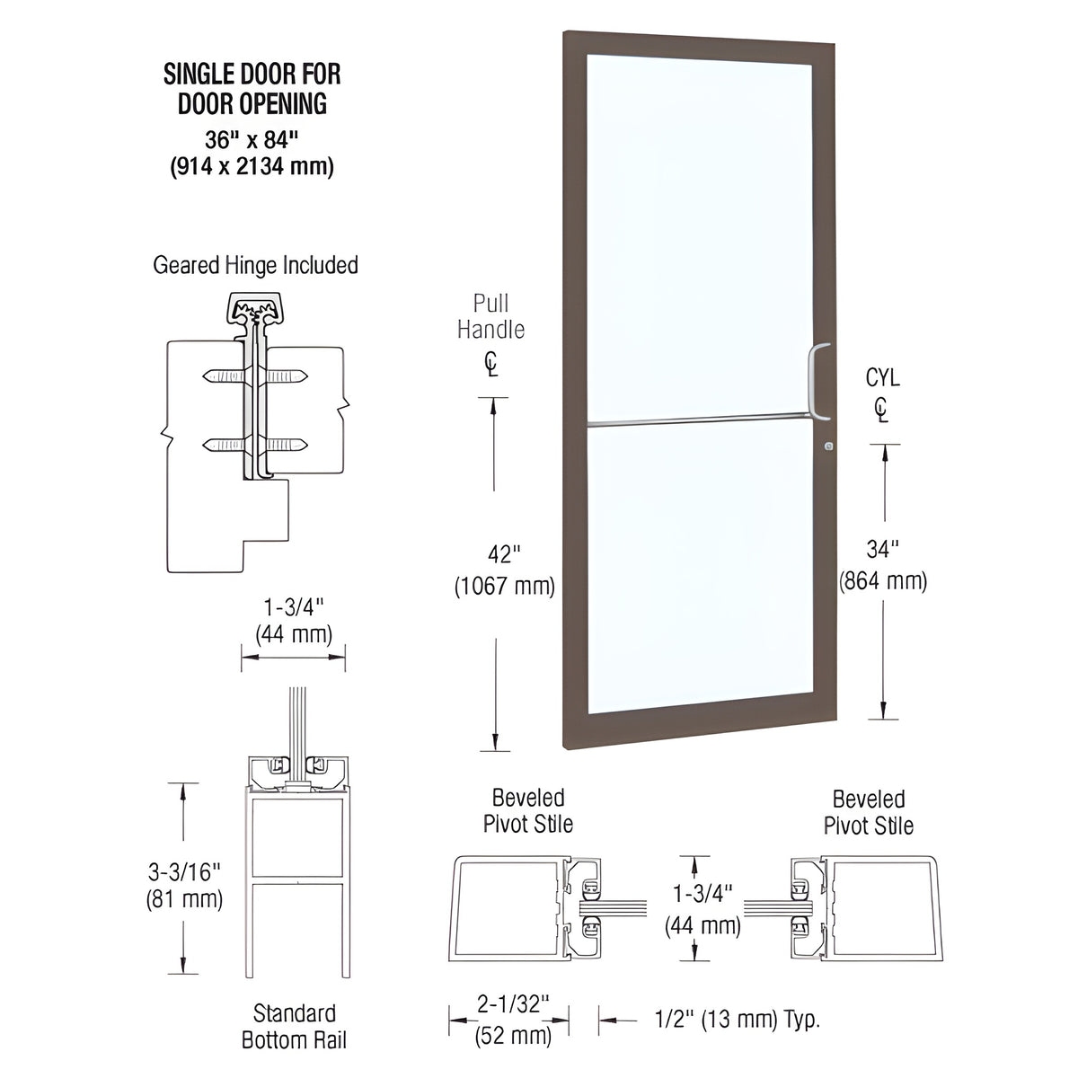 CRL-U.S. Aluminum Bronze Black Anodized 250 Series Narrow Stile (LHR) HLSO Single 3'0 x 7'0 Offset Hung with Geared Hinged Complete Door for 1" Glass with Standard MS Lock and Bottom Rail