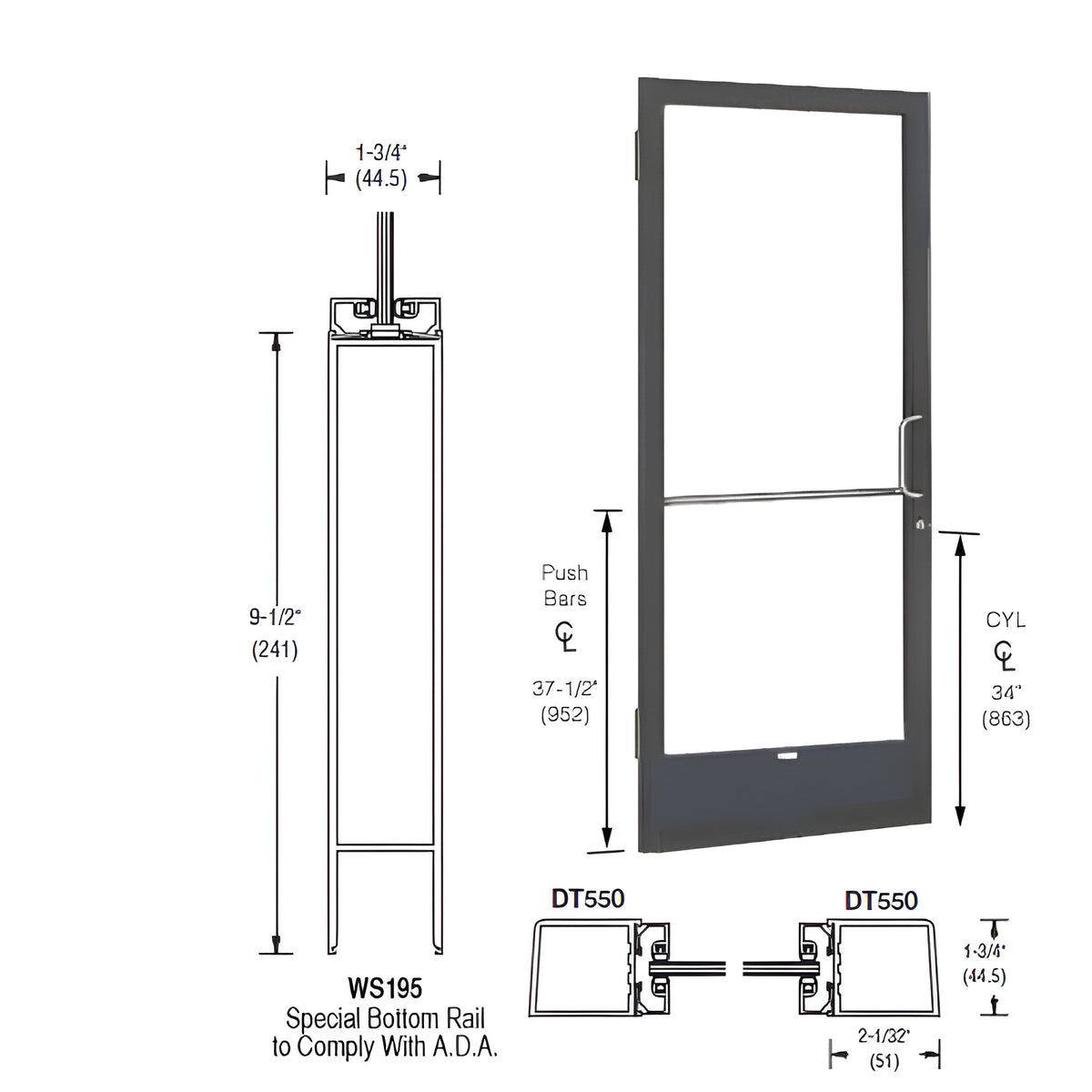 CRL-U.S. Aluminum Bronze Black Anodized 250 Series Narrow Stile (LHR) HLSO Single 3'0 x 7'0 Offset Hung with Butt Hinges for Surf Mount Closer Complete Door Std. Lock and 9-1/2" Bottom Rail for 1" Glass with Standard MS Lock and Bottom Rail