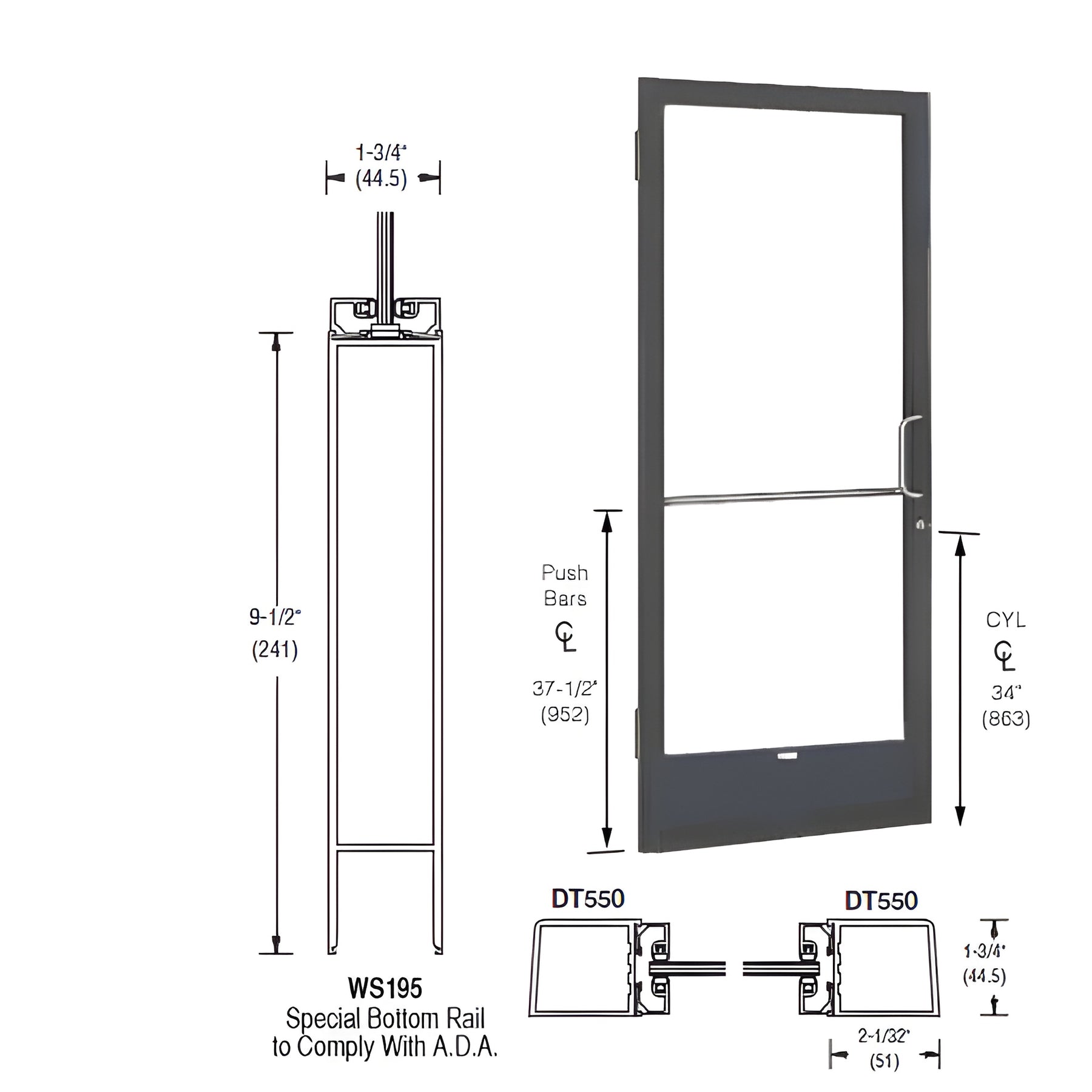 CRL-U.S. Aluminum Bronze Black Anodized 250 Series Narrow Stile (LHR) HLSO Single 3'0 x 7'0 Offset Hung with Butt Hinges for Surf Mount Closer Complete Door Std. Lock and 9-1/2" Bottom Rail for 1" Glass with Standard MS Lock and Bottom Rail