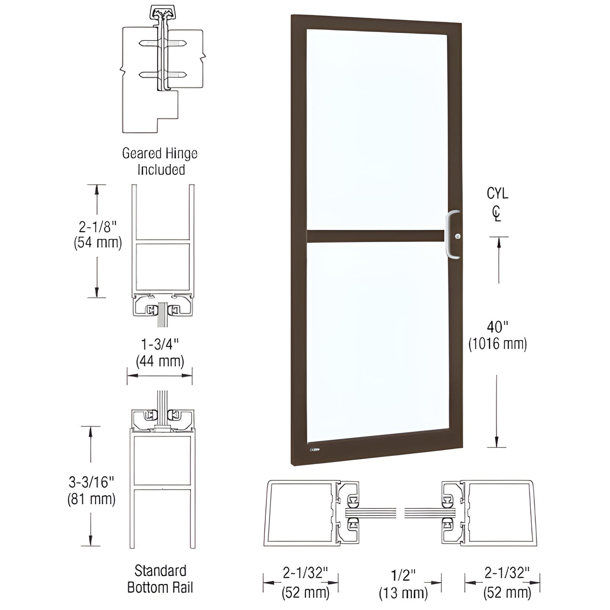 CRL-U.S. Aluminum Bronze Black Anodized 250 Series Narrow Stile (LHR) HLSO Single 3'0 x 7'0 Offset Hung with Geared Hinged Complete Panic Door for 1" Glass with Standard MS Lock and Bottom Rail
