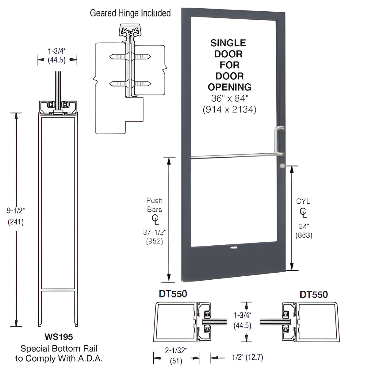 CRL-U.S. Aluminum Bronze Black Anodized 250 Series Narrow Stile (LHR) HLSO Single 3'0 x 7'0 Offset Hung with Geared Hinged Complete ADA Door, Lock Indicator, Cylinder Guard - for 1/4" Glazing