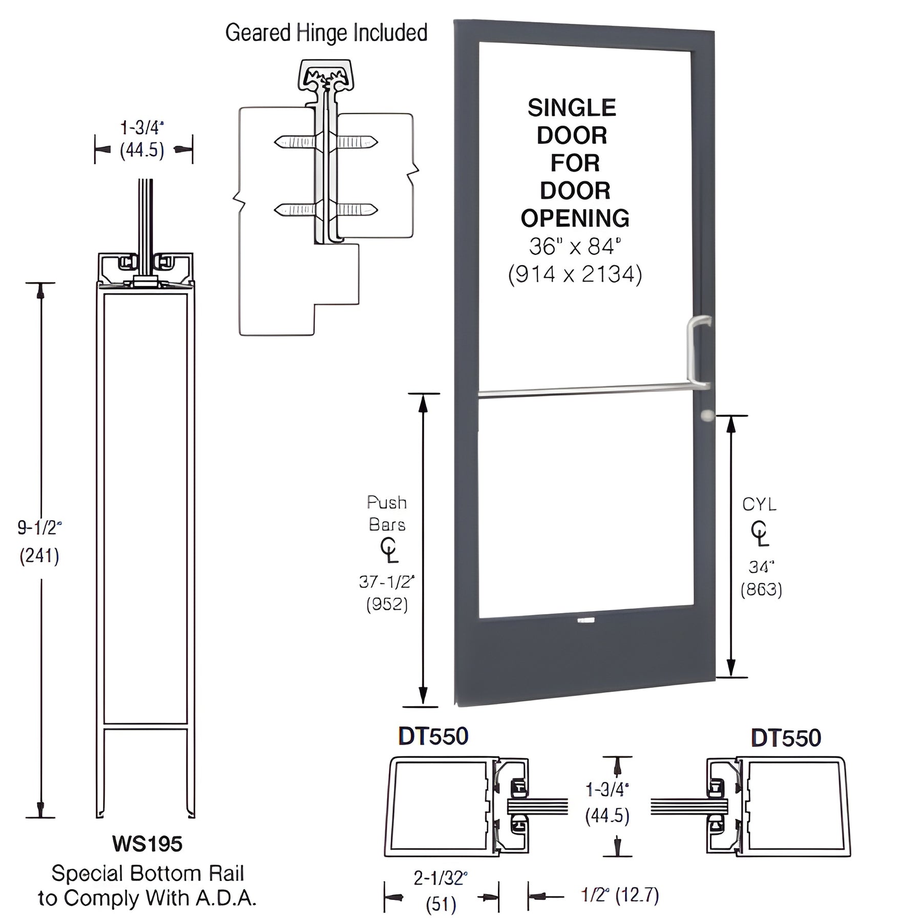CRL-U.S. Aluminum Bronze Black Anodized 250 Series Narrow Stile (LHR) HLSO Single 3'0 x 7'0 Offset Hung with Geared Hinged Complete ADA Door, Lock Indicator, Cylinder Guard - for 1/4" Glazing