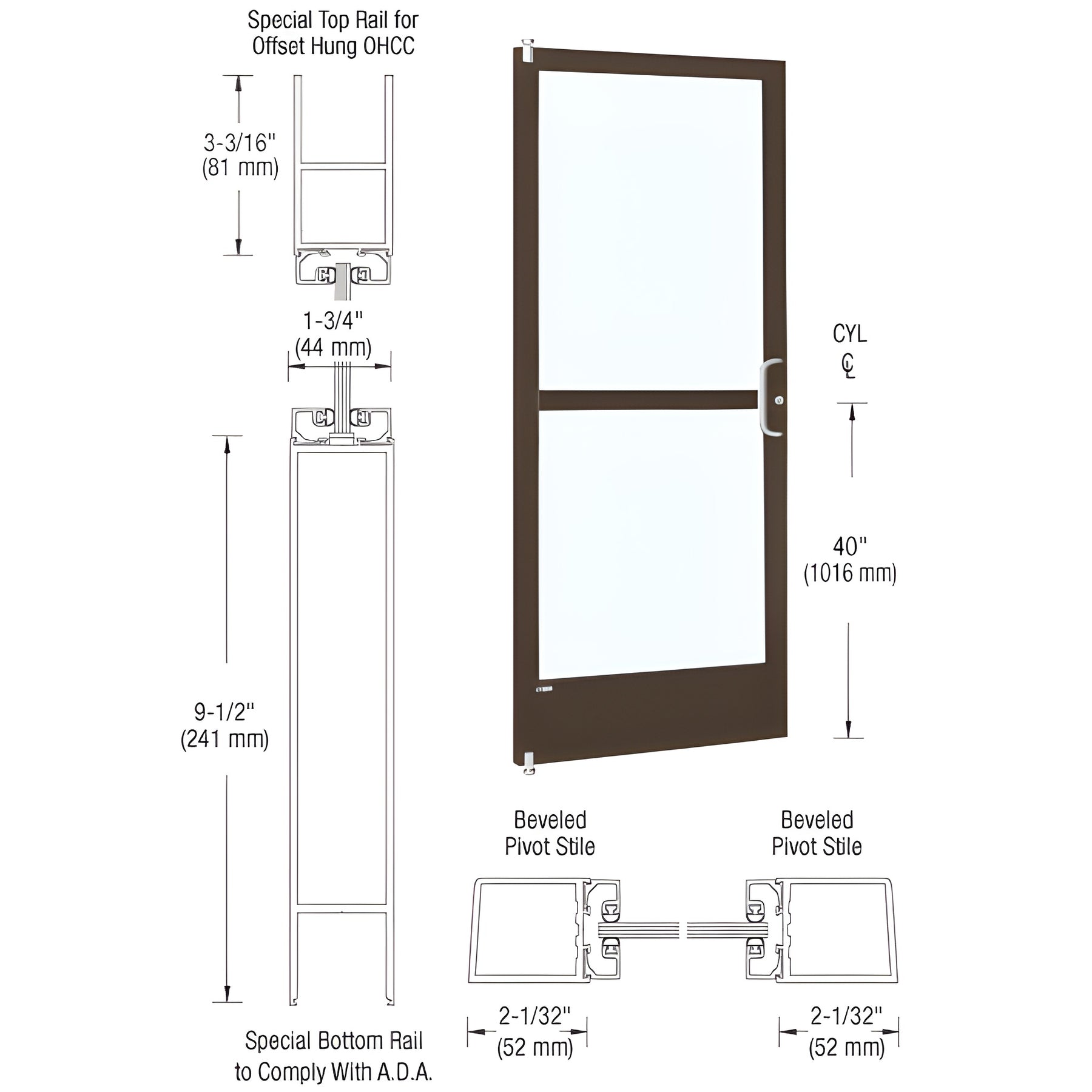 CRL-U.S. Aluminum Bronze Black Anodized 250 Series Narrow Stile (LHR) HLSO Single 3'0 x 7'0 Offset Hung with Offset Pivots for OHCC 105 Degree Closer Complete Panic Door with Standard Panic and 9-1/2" Bottom Rail