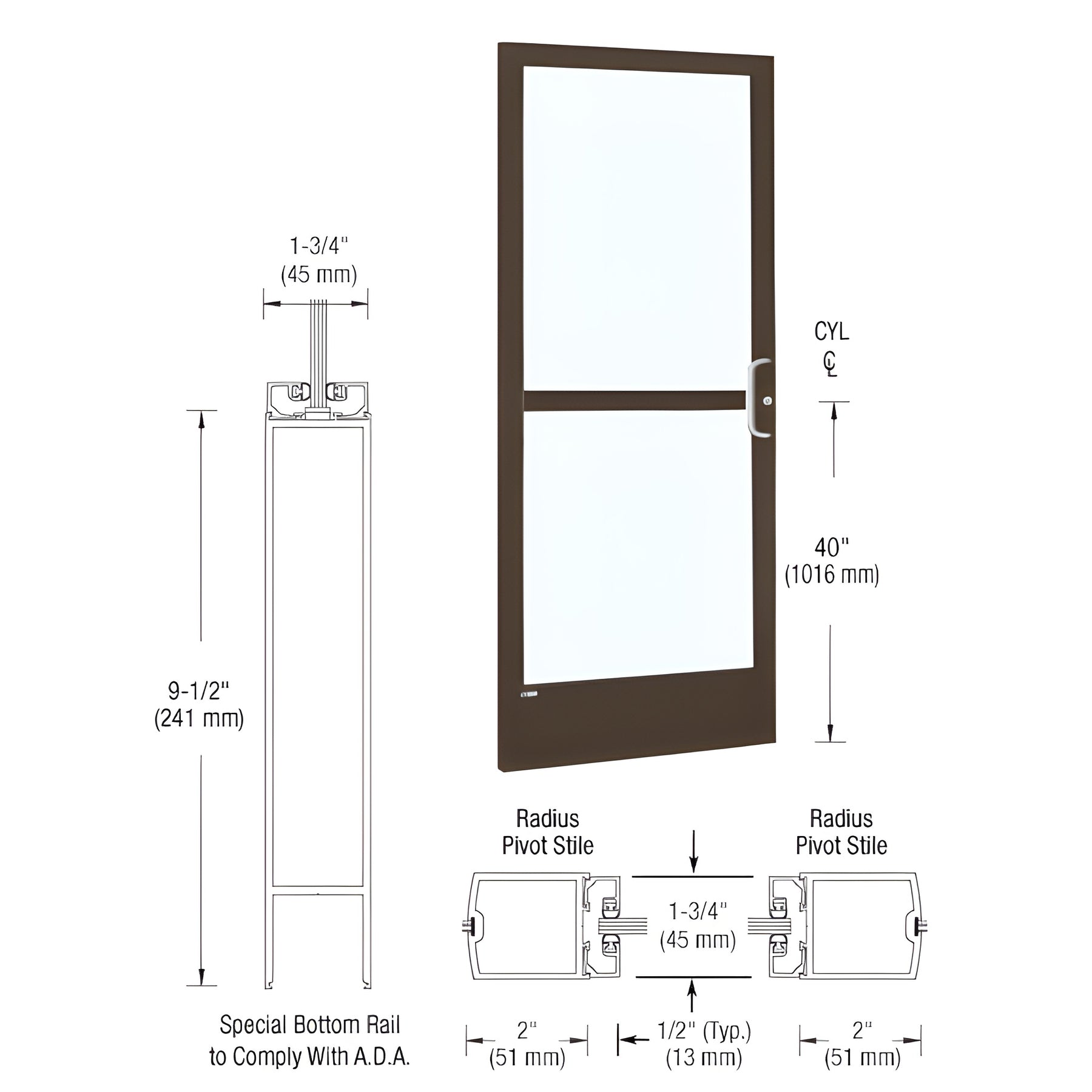 CRL-U.S. Aluminum Bronze Black Anodized 250 Series Narrow Stile (LHR) HLSO Single 3'0 x 7'0 Center Hung for OHCC w/Standard Push Bars Complete Panic Door with Std. Panic & 9-1/2" Bottom Rail