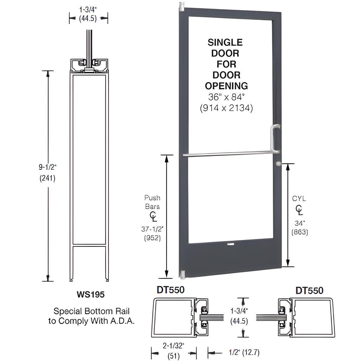 CRL-U.S. Aluminum Bronze Black Anodized 250 Series Narrow Stile (LHR) HLSO Single 3'0 x 7'0 Offset Hung with Pivots for Surf Mount Closer Complete Door Std. Lock and 9-1/2" Bottom Rail