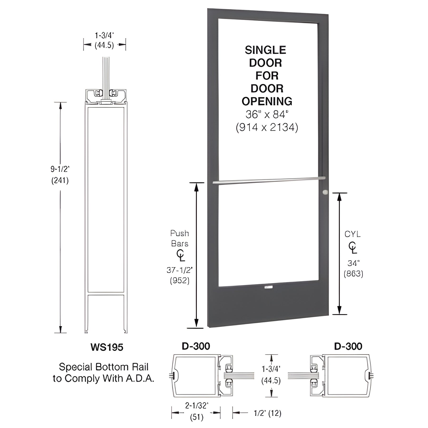 CRL-U.S. Aluminum Bronze Black Anodized 250 Series Narrow Stile (LHR) HLSO Single 3'0 x 7'0 Center Hung for OHCC w/Standard Push Bars Complete Door Std. Lock and 9-1/2" Bottom Rail