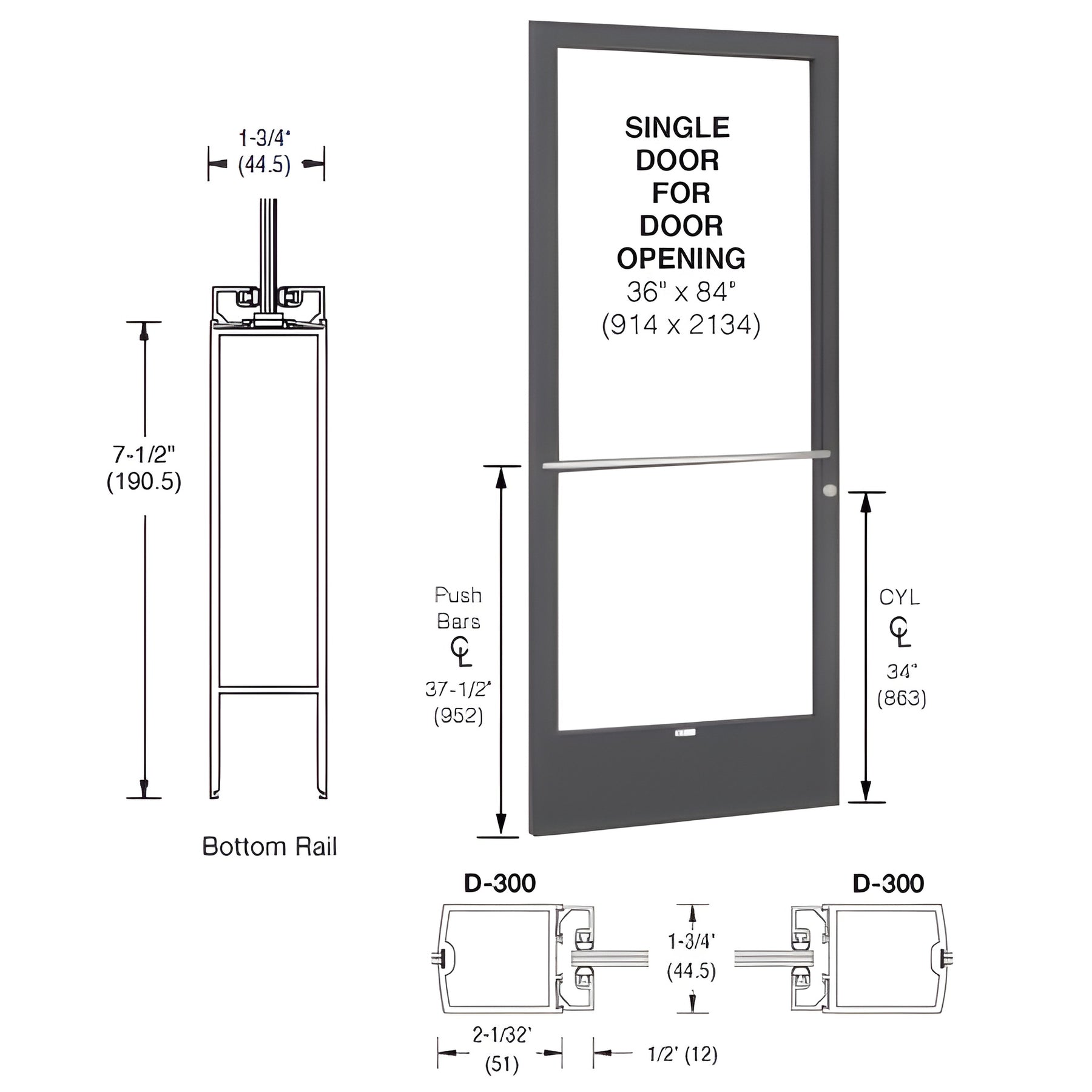 CRL-U.S. Aluminum Bronze Black Anodized 250 Series Narrow Stile (LHR) HLSO Single 3'0 x 7'0 Center Hung for OHCC with Standard Push Bars Complete Door/Std. MS Lock, 7-1/2" Std. Bottom Rail
