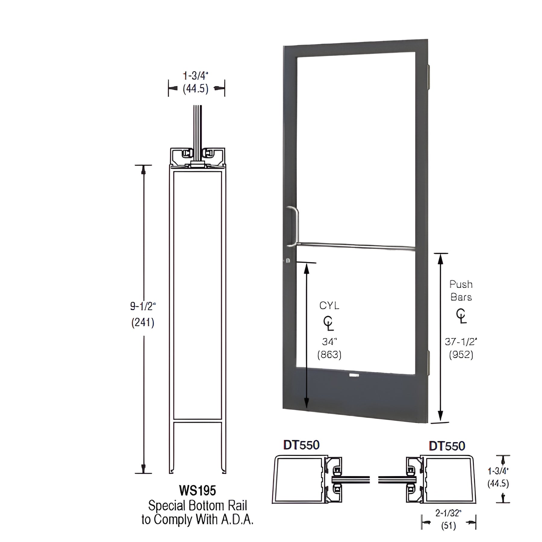 CRL-U.S. Aluminum Bronze Black Anodized 250 Series Narrow Stile (RHR) HRSO Single 3'0 x 7'0 Offset Hung with Butt Hinges for Surf Mount Closer Complete Door Std. Lock and 9-1/2" Bottom Rail for 1" Glass with Standard MS Lock and Bottom Rail