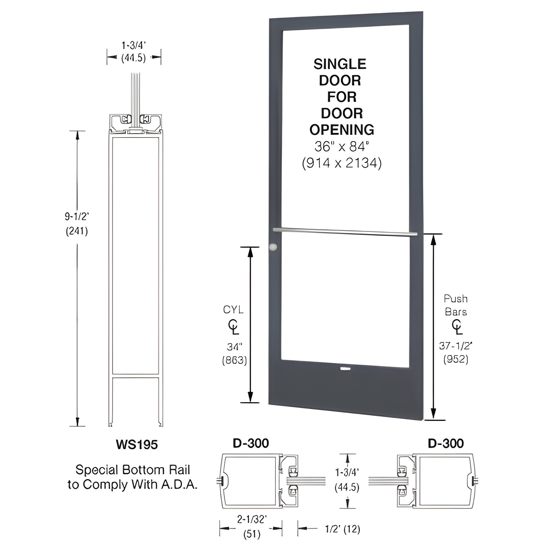 CRL-U.S. Aluminum Bronze Black Anodized 250 Series Narrow Stile (RHR) HRSO Single 3'0 x 7'0 Center Hung for OHCC w/Standard Push Bars Complete ADA Door(s) with Lock Indicator, Cyl Guard