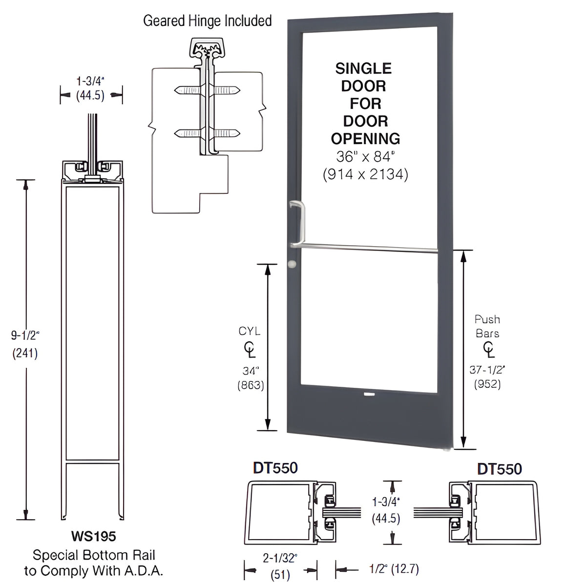 CRL-U.S. Aluminum Bronze Black Anodized 250 Series Narrow Stile (RHR) HRSO Single 3'0 x 7'0 Offset Hung with Geared Hinged Complete ADA Door, Lock Indicator, Cylinder Guard - for 1/4" Glazing