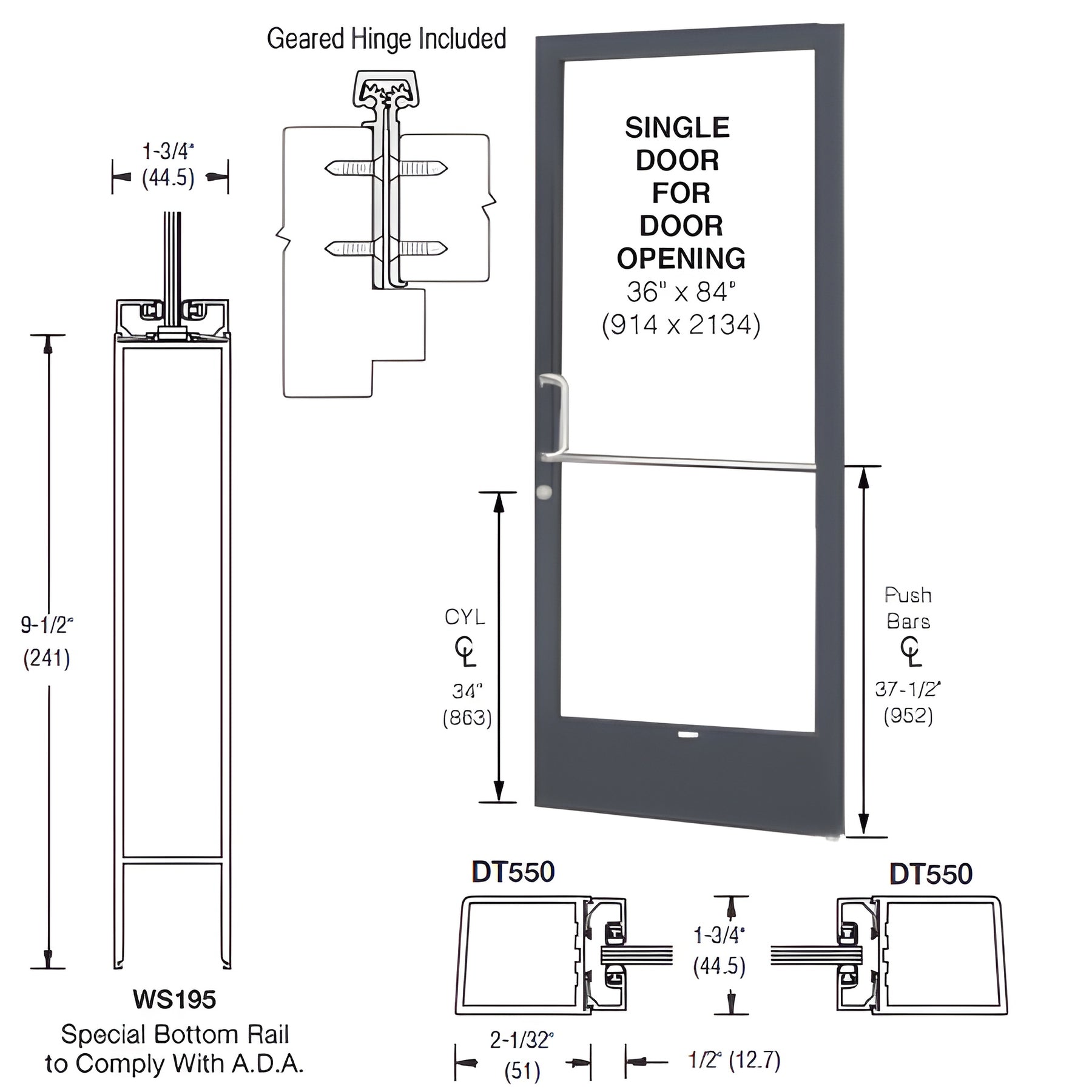 CRL-U.S. Aluminum Bronze Black Anodized 250 Series Narrow Stile (RHR) HRSO Single 3'0 x 7'0 Offset Hung with Geared Hinged Complete ADA Door, Lock Indicator, Cylinder Guard - for 1/4" Glazing