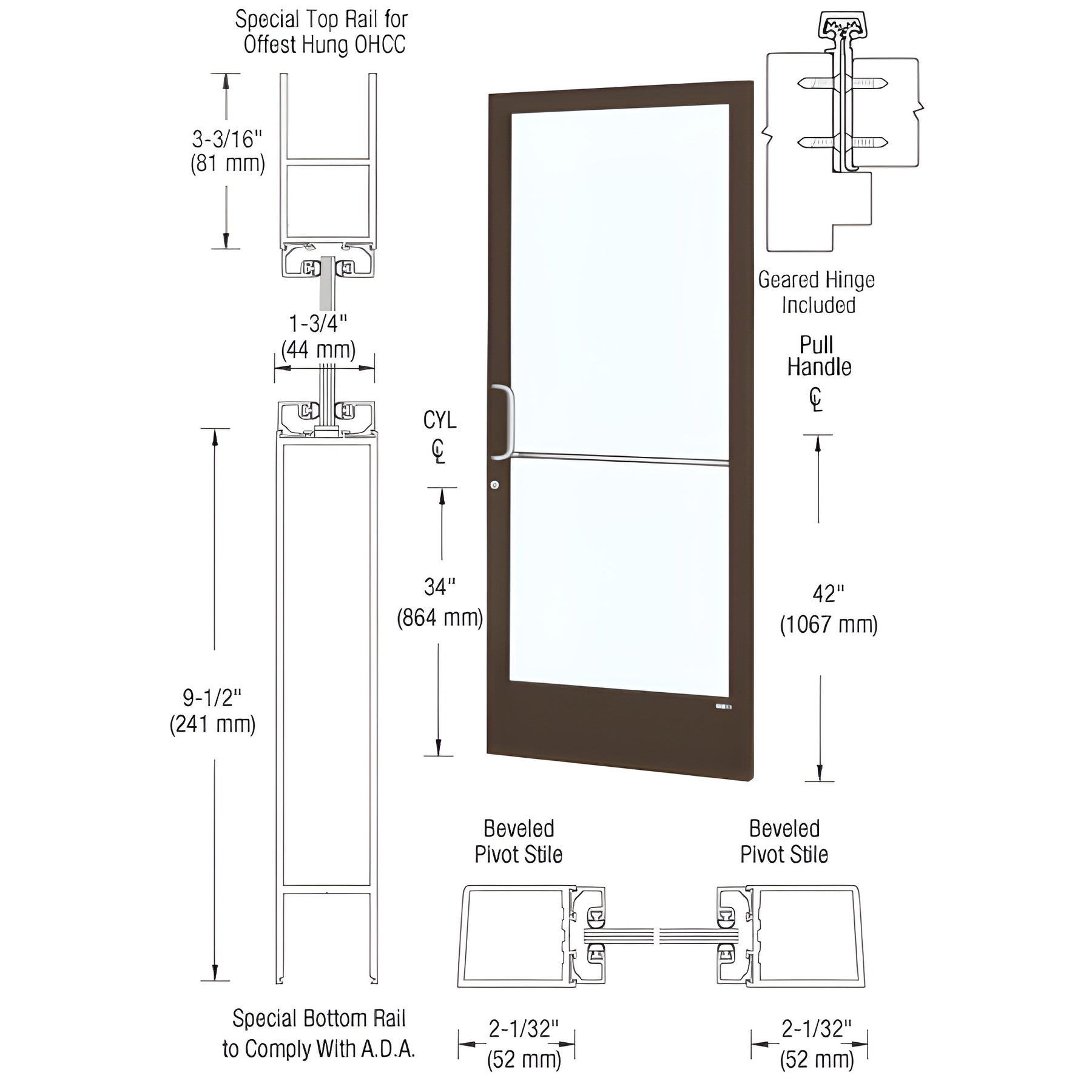 CRL-U.S. Aluminum Bronze Black Anodized 250 Series Narrow Stile (RHR) HRSO Single 3'0 x 7'0 Offset Hung with Geared Hinged for OHCC 105º Closer Complete ADA Door(s) with Lock Indicator, Cyl Guard
