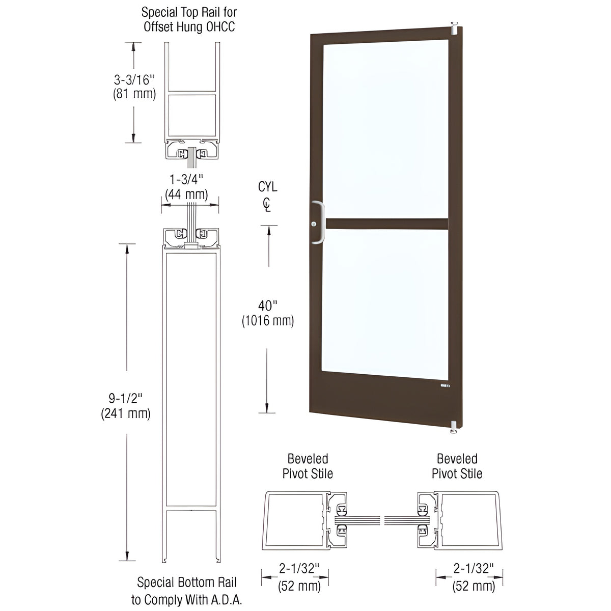 CRL-U.S. Aluminum Bronze Black Anodized 250 Series Narrow Stile (RHR) HRSO Single 3'0 x 7'0 Offset Hung with Offset Pivots for OHCC 105 Degree Closer Complete Panic Door with Standard Panic and 9-1/2" Bottom Rail