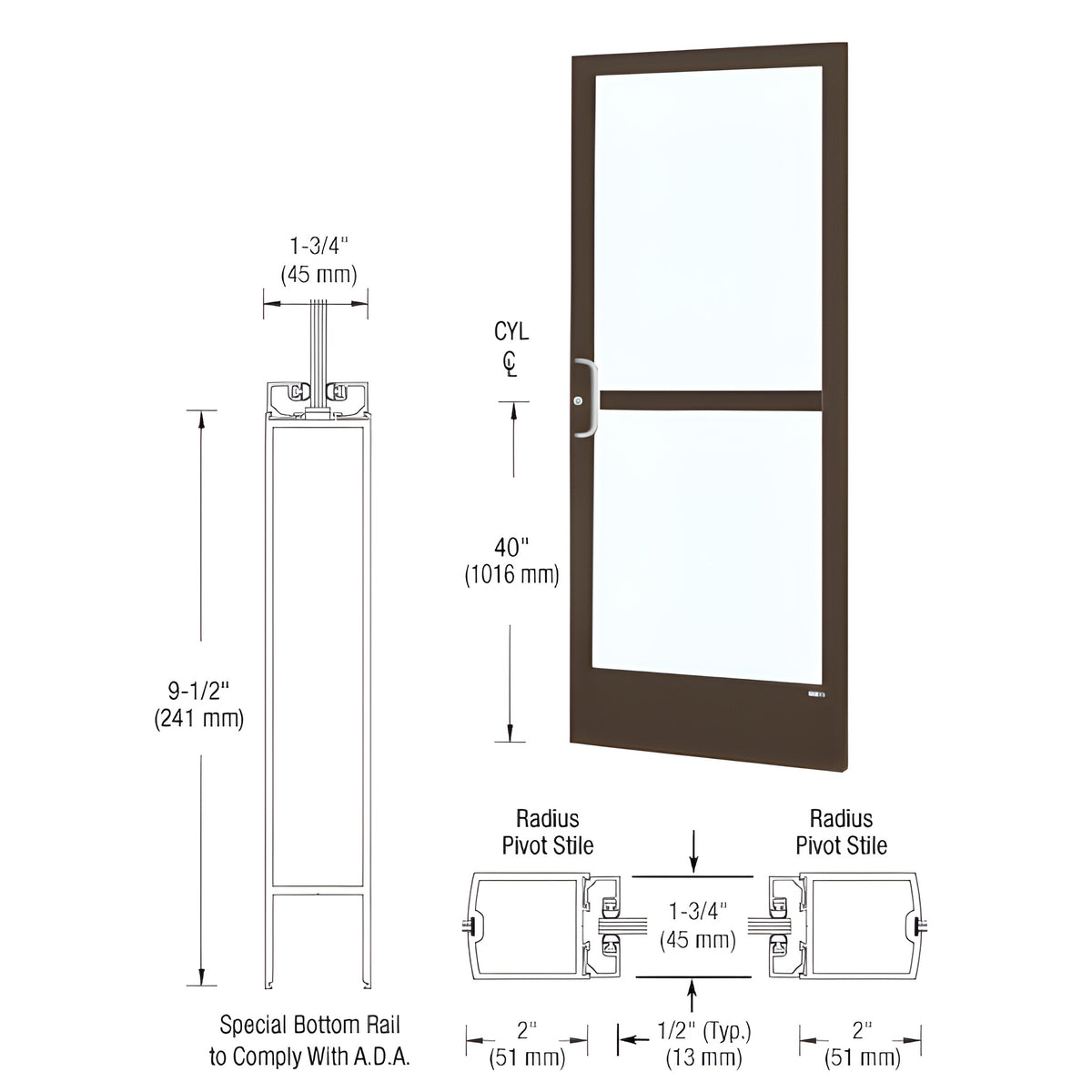 CRL-U.S. Aluminum Bronze Black Anodized 250 Series Narrow Stile (RHR) HRSO Single 3'0 x 7'0 Center Hung for OHCC with Standard Push Bars Complete Panic Door with Std. Panic & 9-1/2" Bottom Rail