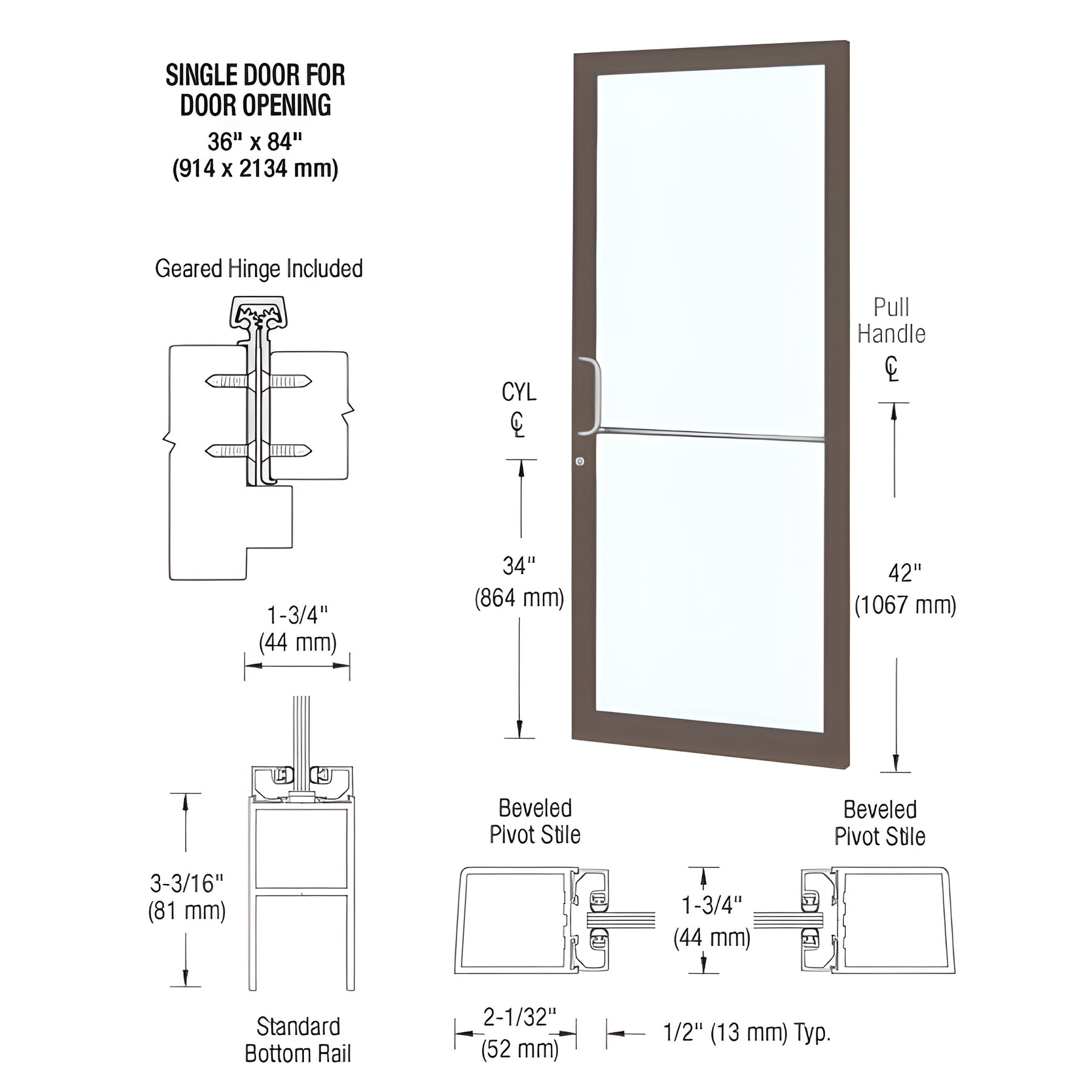 CRL-U.S. Aluminum Bronze Black Anodized 250 Series Narrow Stile (RHR) HRSO Single 3'0 x 7'0 Offset Hung with Geared Hinged Complete Door Std. MS Lock & Bottom Rail