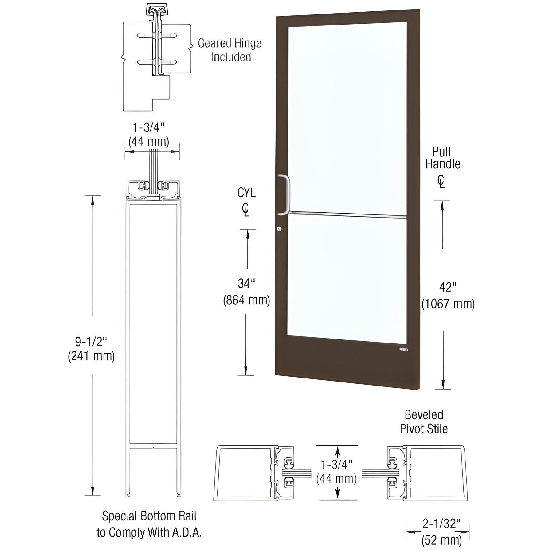 CRL-U.S. Aluminum Bronze Black Anodized 250 Series Narrow Stile (RHR) HRSO Single 3'0 x 7'0 Offset Hung with Geared Hinged Complete Door Std. Lock and 9-1/2" Bottom Rail