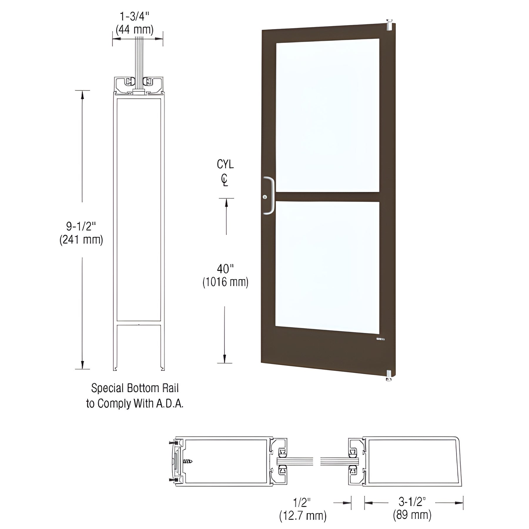 CRL-U.S. Aluminum Bronze Black Anodized 400 Series Medium Stile Active Leaf of Pair 3'0 x 7'0 Offset Hung with Pivots for Surf Mount Closer Complete Panic Door with Std. Panic and 9-1/2" Bottom Rail