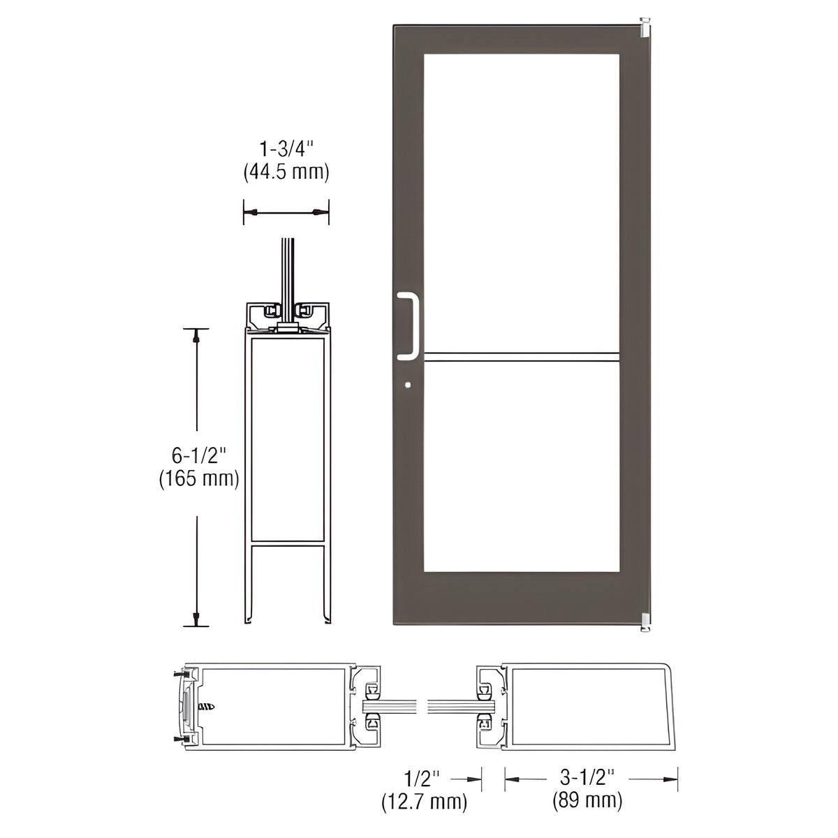 CRL-U.S. Aluminum Bronze Black Anodized 400 Series Medium Stile Active Leaf of Pair 3'0 x 7'0 Offset Hung with Pivots for Surf Mount Closer Complete Door Std. MS Lock & Bottom Rail