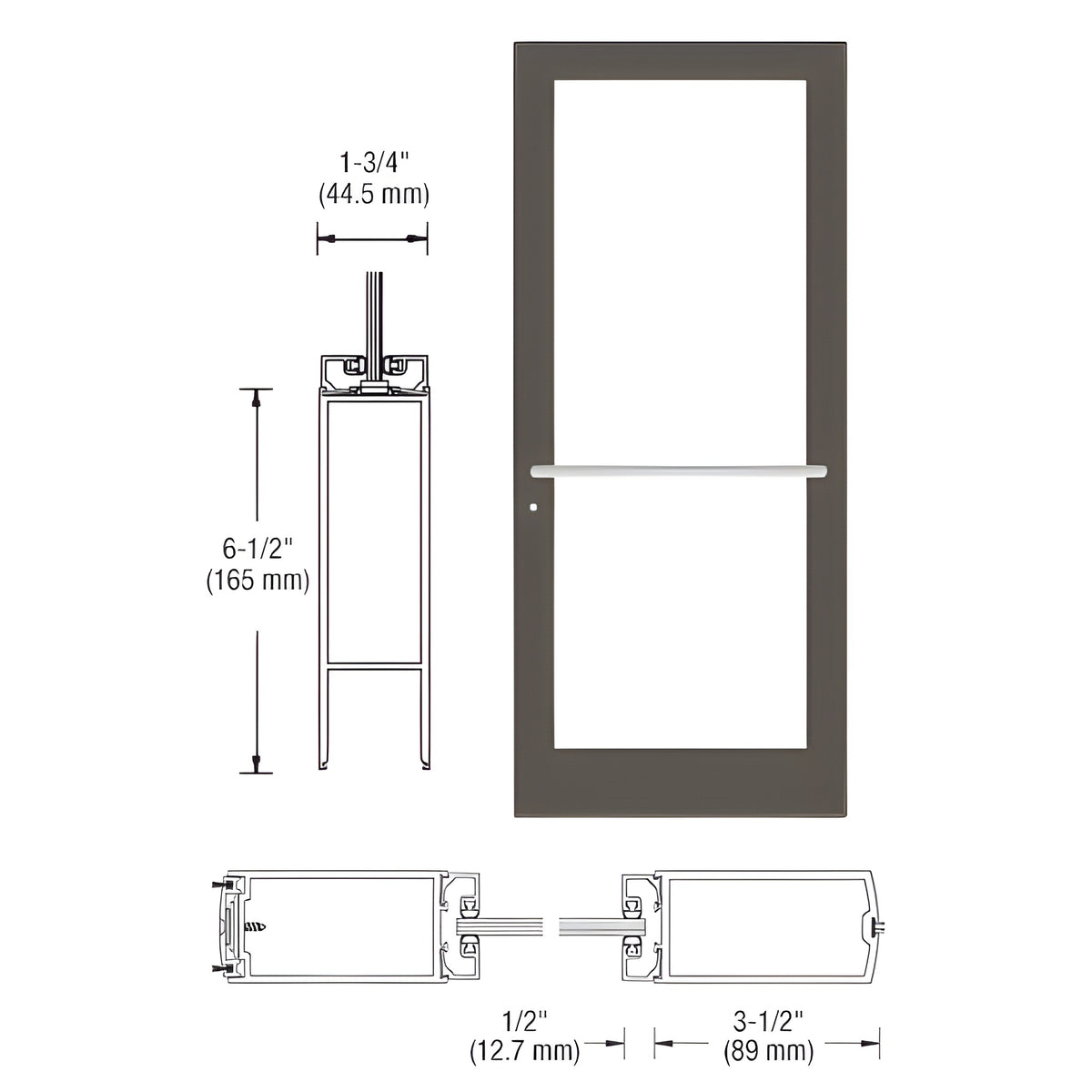CRL-U.S. Aluminum Bronze Black Anodized 400 Series Medium Stile Active Leaf of Pair 3'0 x 7'0 Center Hung for OHCC w/Standard Push Bars Complete Door Std. MS Lock & Bottom Rail