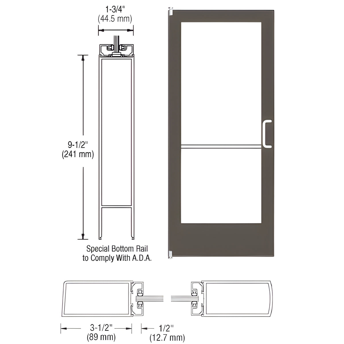 CRL-U.S. Aluminum Bronze Black Anodized 400 Series Medium Stile Inactive Leaf of Pair 3'0 x 7'0 Offset Hung with Pivots for Surf Mount Closer Complete Door Std. Lock and 9-1/2" Bottom Rail