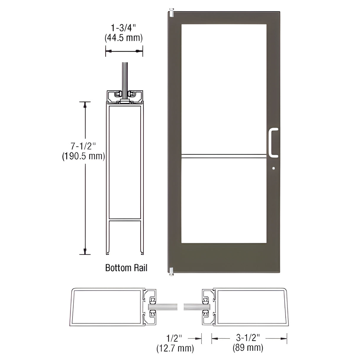 CRL-U.S. Aluminum Bronze Black Anodized 400 Series Medium Stile (LHR) HLSO Single 3'0 x 7'0 Offset Hung with Pivots for Surf Mount Closer Complete Door for 1" Glass with Standard MS Lock, 7-1/2" Standard Bottom Rail